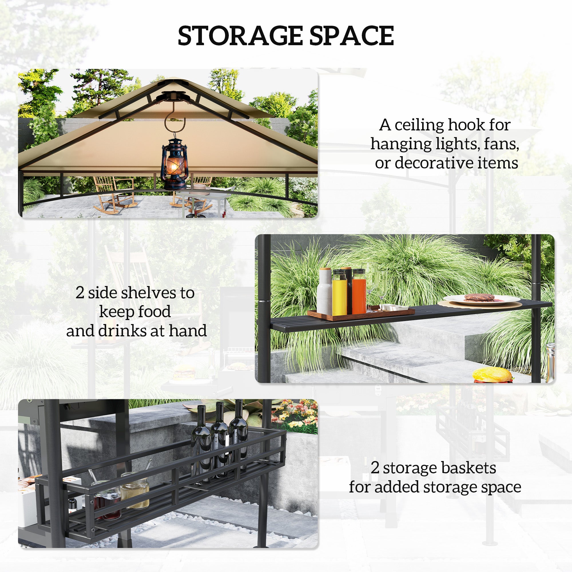 8' x 5' Grill Gazebo, Double Tier, 2 Shelves, Storage Baskets, Beige