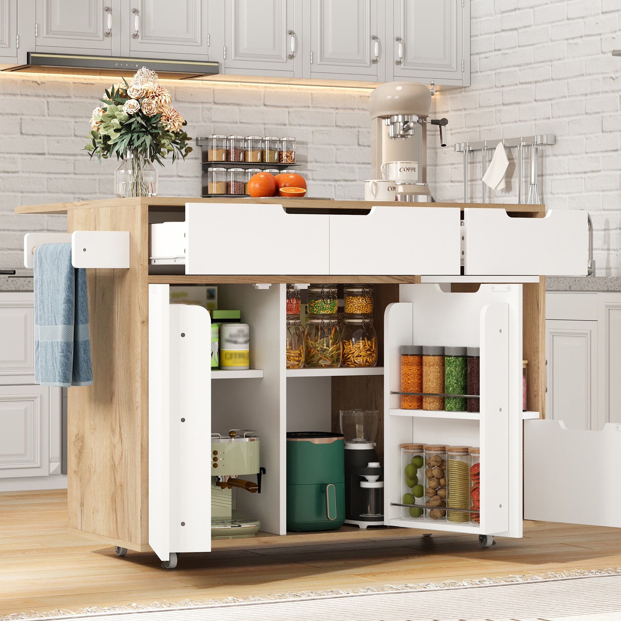 Modern Serving Trolley with 360° Swivel Casters and Storage, White and Wood