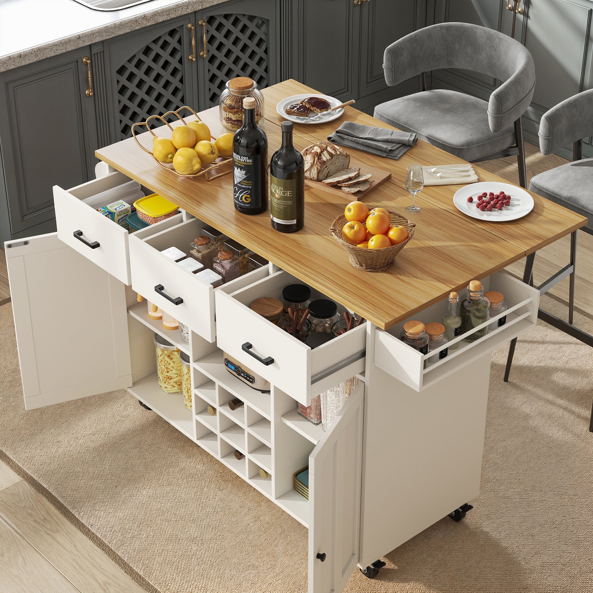Dining Cart, Removable with Worktop, Towel Rail & Spice Rack, White