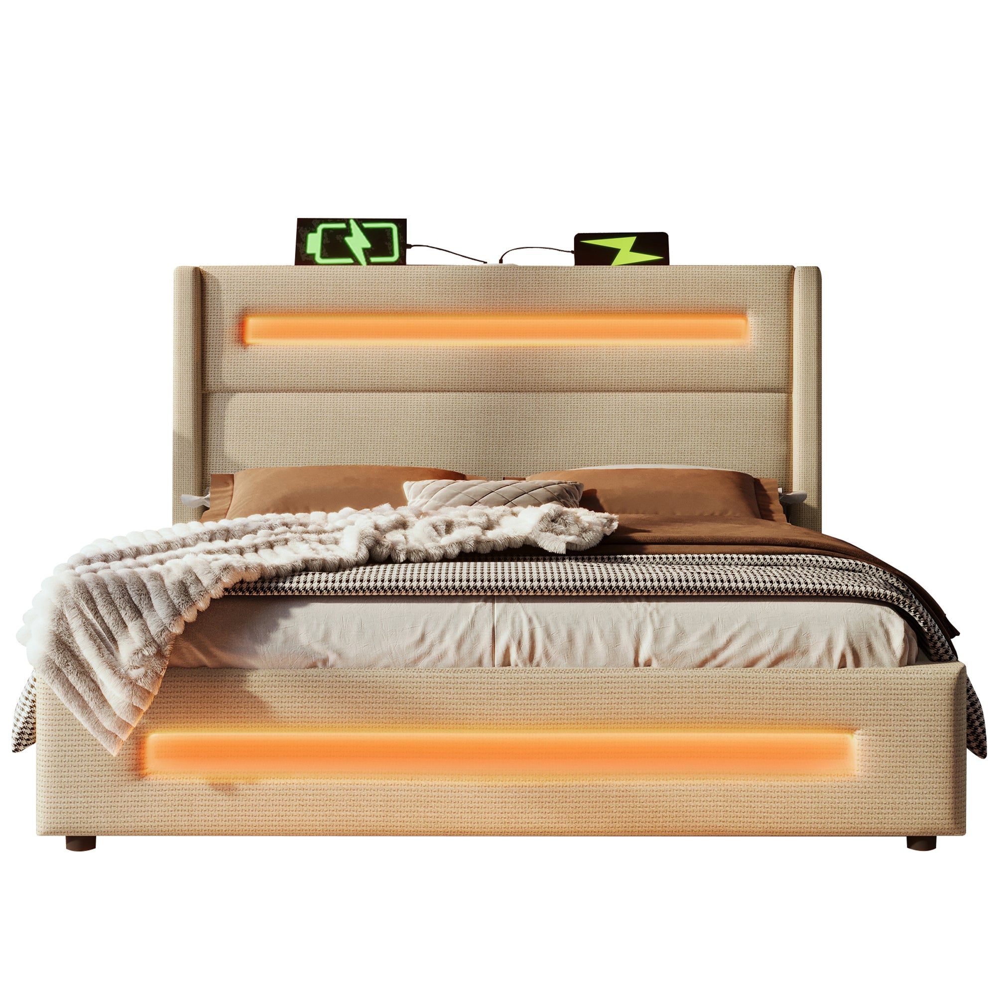 Upholstered Double Bed 140x200 cm, LED, Hydraulic Storage, USB-C, Metal Frame, Beige Linen