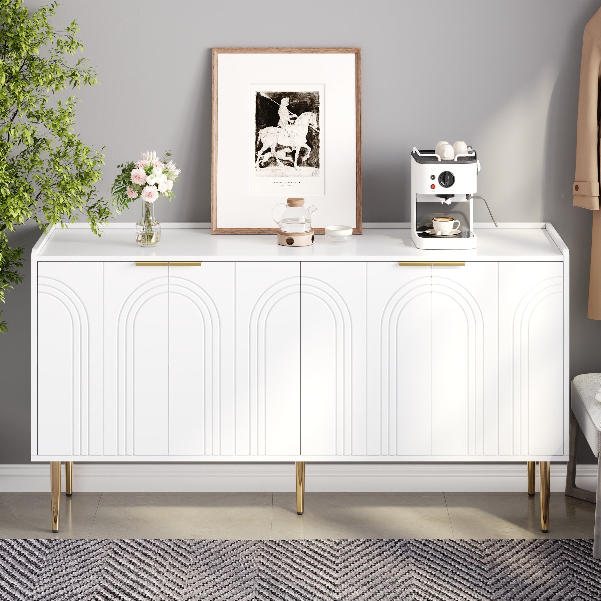 Sideboard Cabinet Buffet Storage Set, 140L x 38W x 75H cm, White MDF