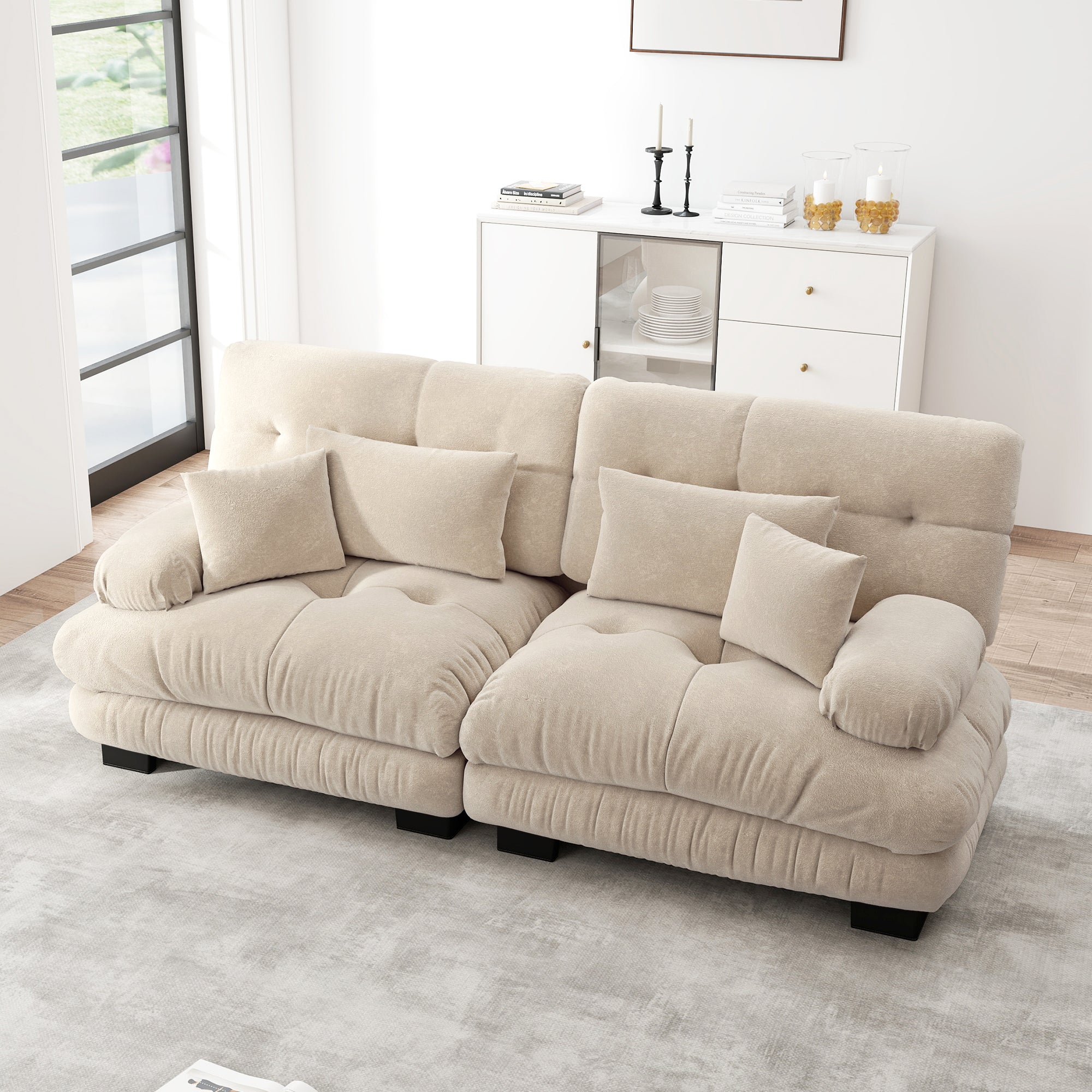 Cloud Corner Sofa, Double with Lumbar & Decorative Cushions, Chenille Light Brown