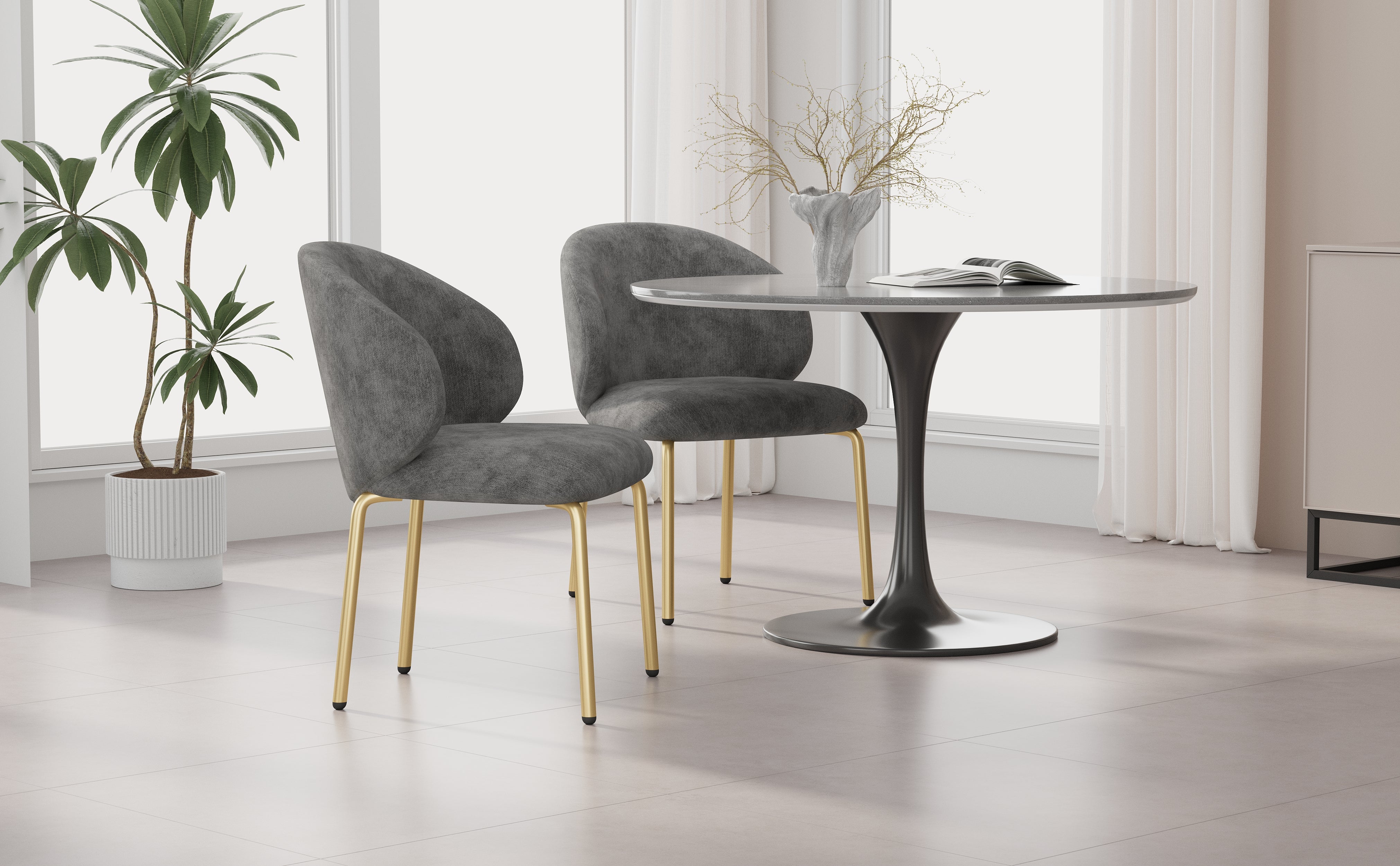 Dining Chairs and Lounge Chairs with Gold Legs, Set of 2, Grey Chenille