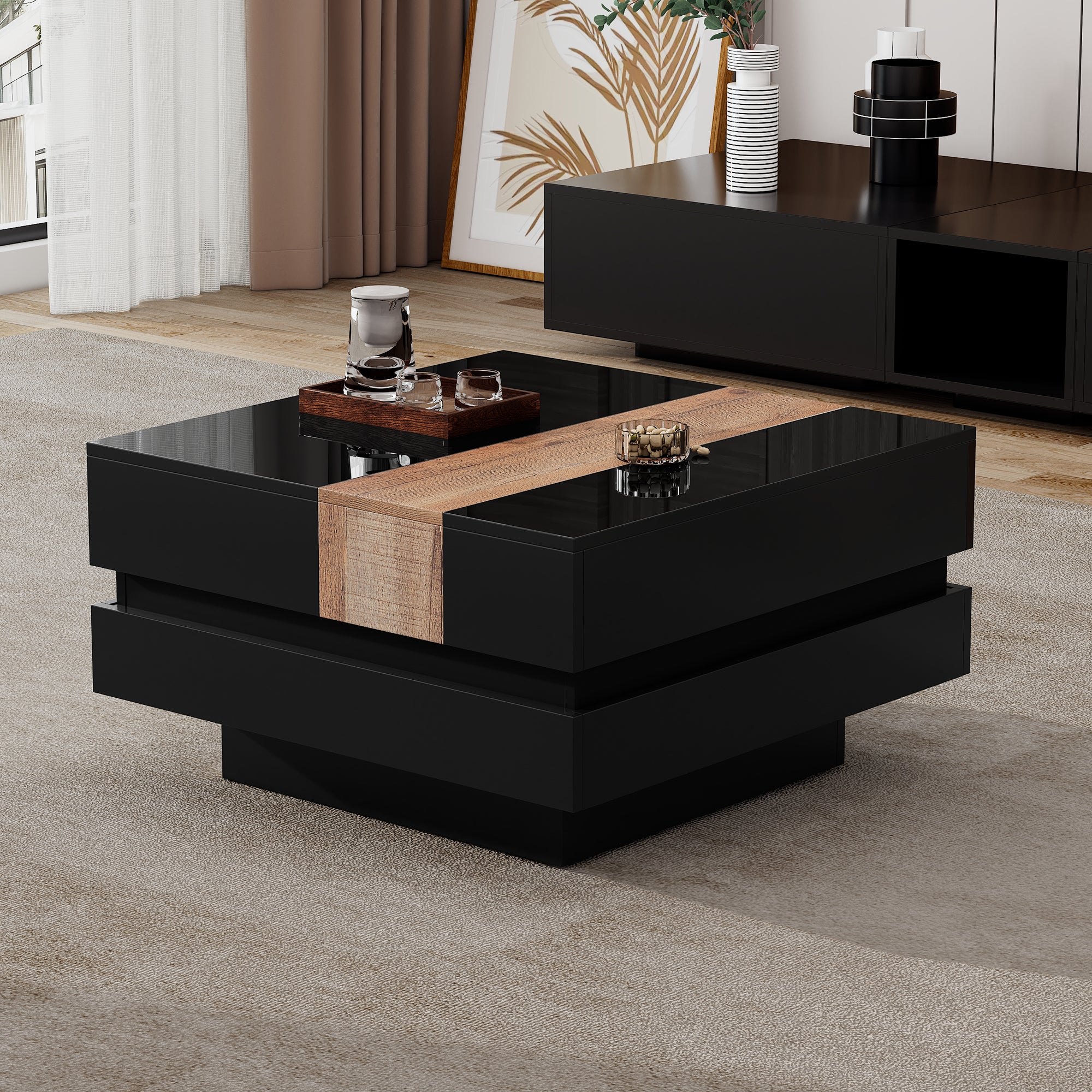 Extendable Coffee Table Hidden Storage High-Gloss - Black