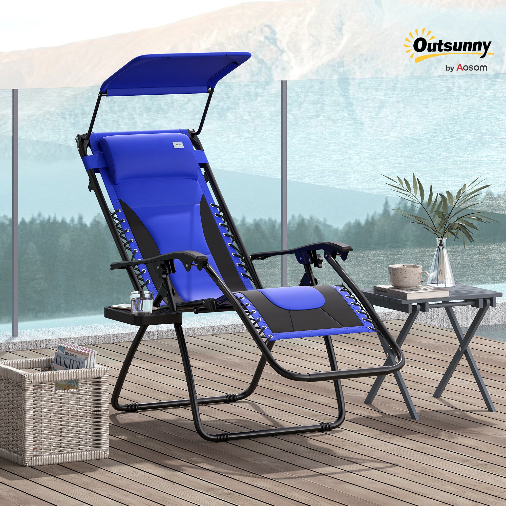 Zero Gravity Lounger Chair, Folding Reclining Patio Chair with Shade Cover, Blue