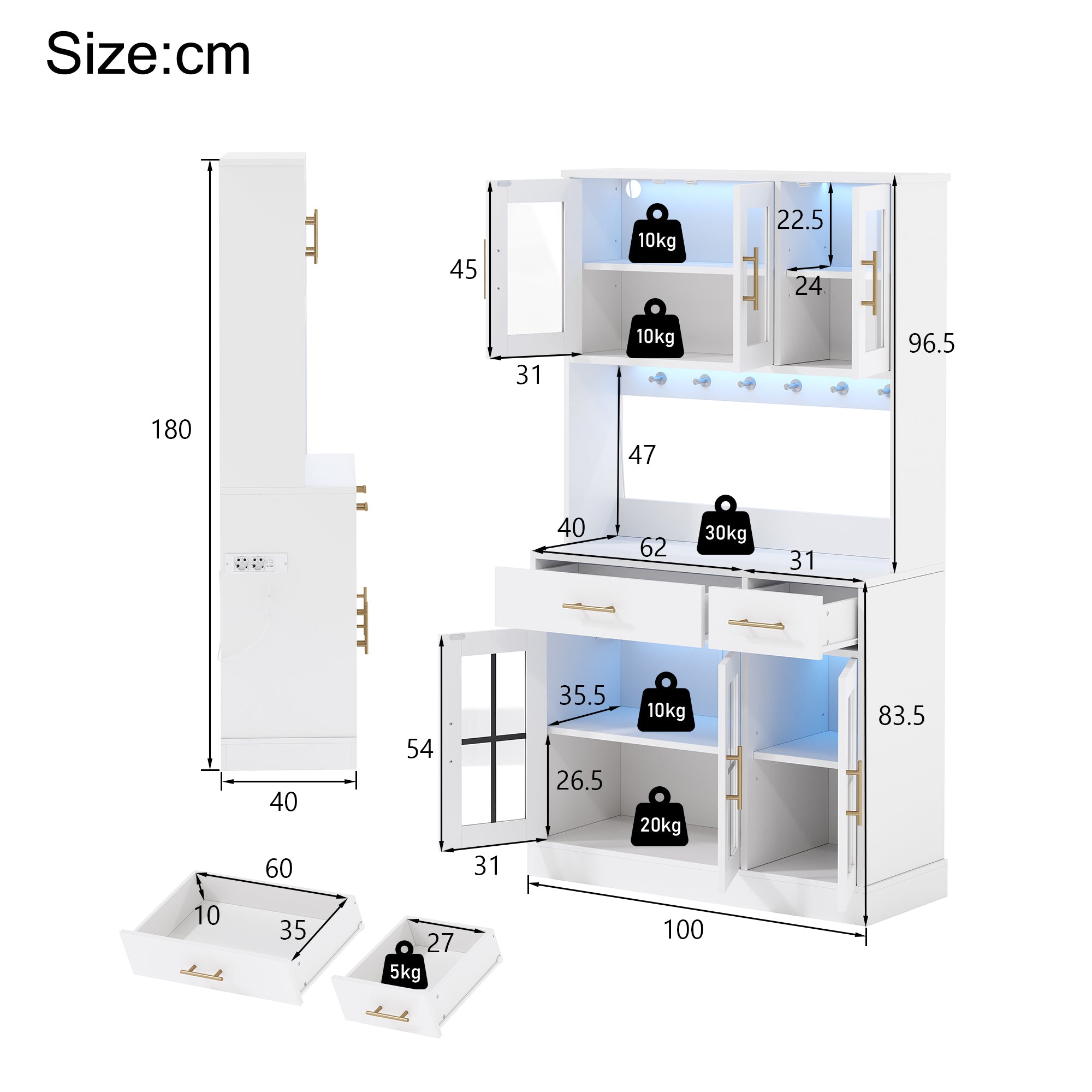 Kitchen Sideboard 180x100cm LED Socket 6 Doors 2 Drawers Adjustable Shelves - White