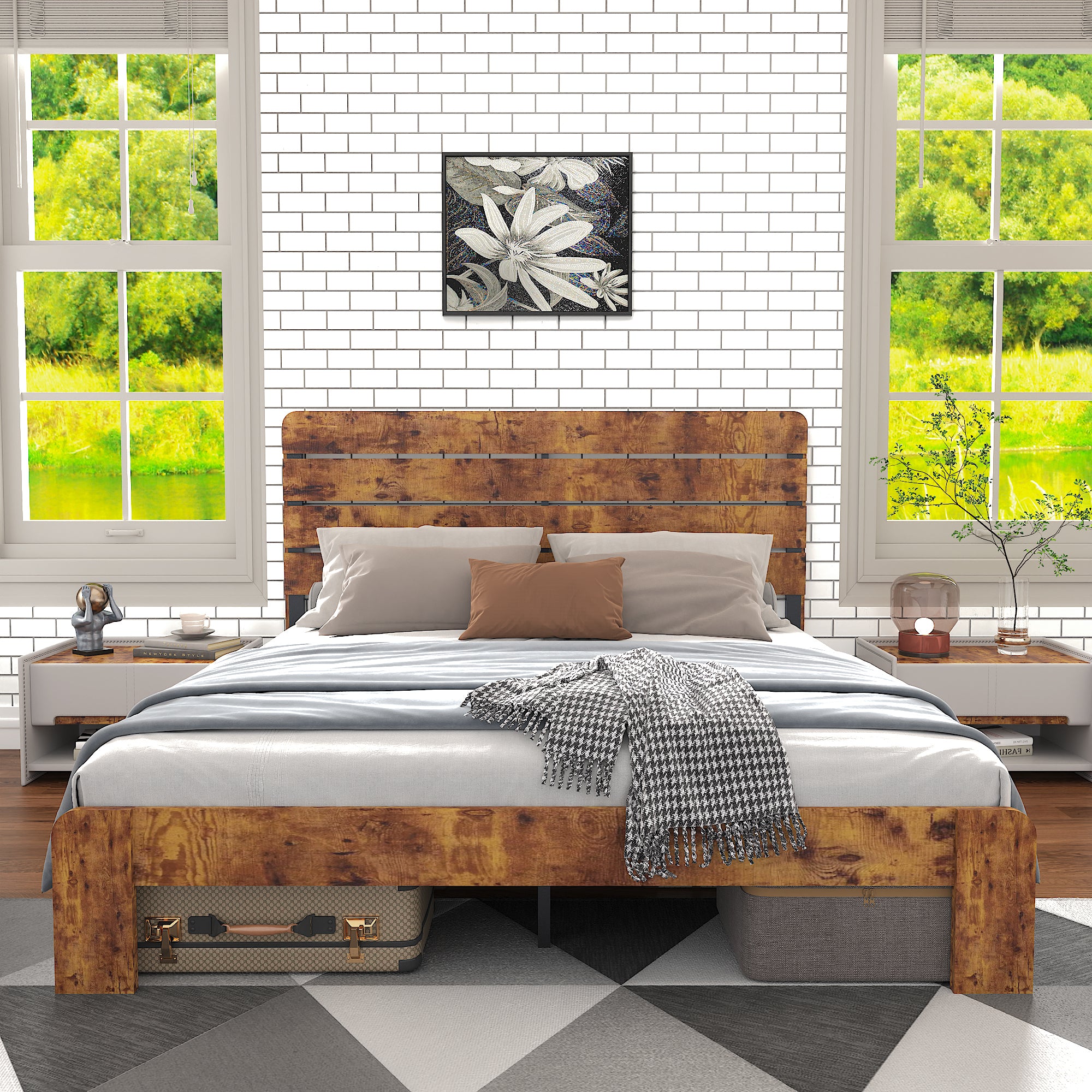 Wooden Double Bed, Antique 180x200cm High Headboard Slatted Frame, Wood/Iron