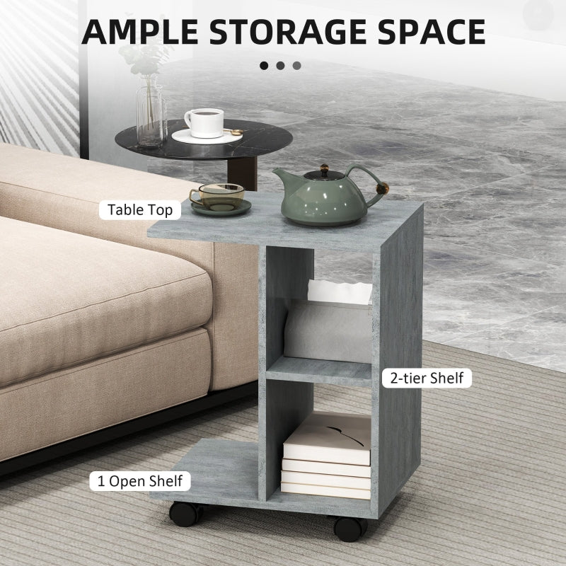 C-Shape End Table with 2 Shelves and 4 Wheels, Grey