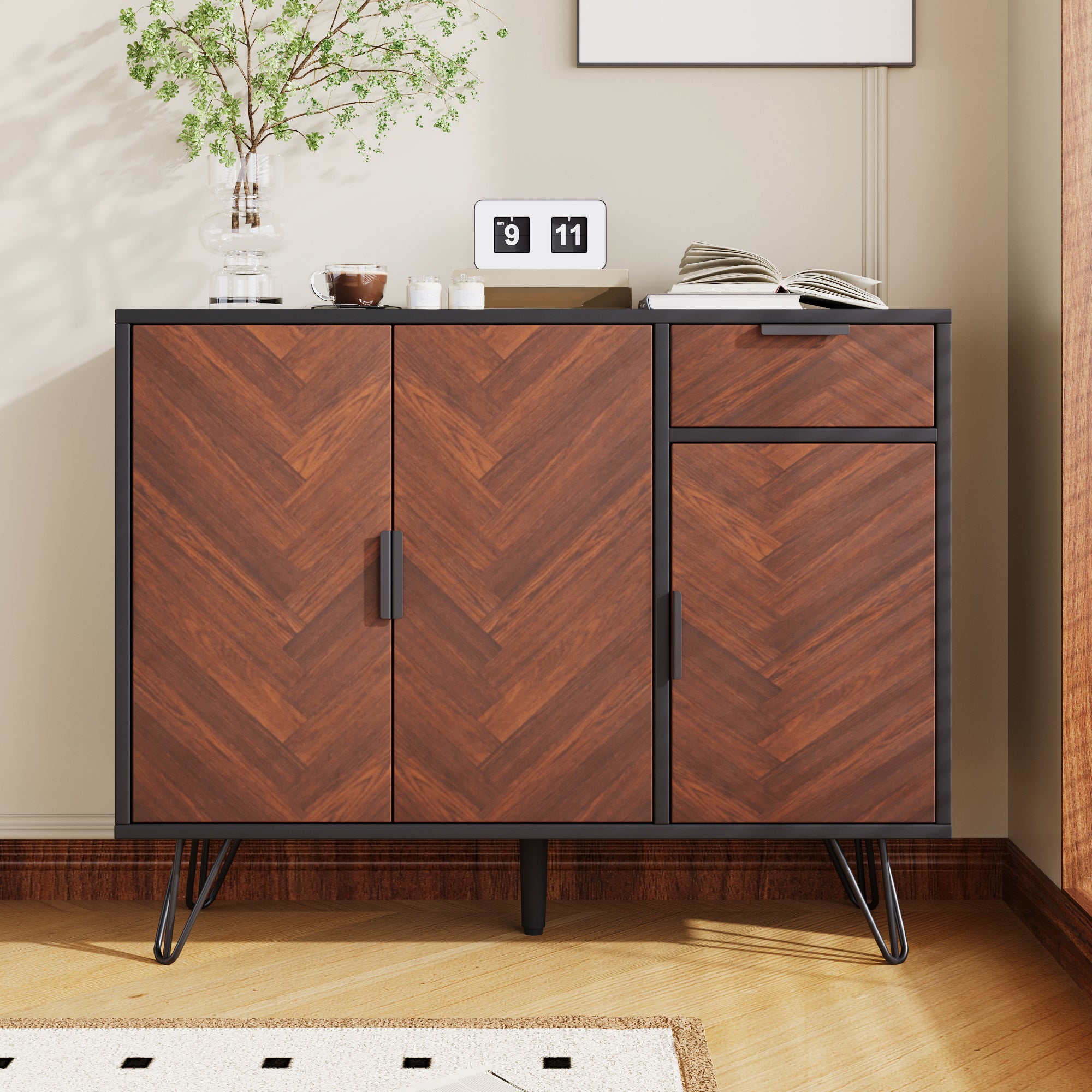 Storage Cabinet, Modern Sideboard with Drawer & Adjustable Shelves, Black & Wood Look
