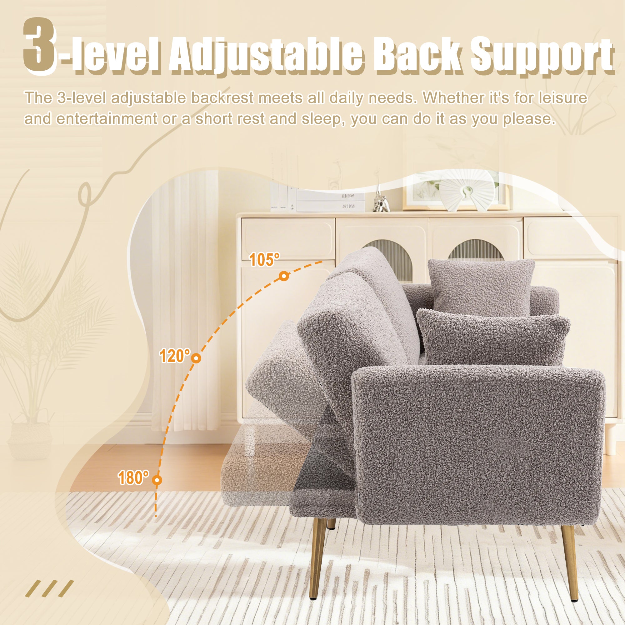 GOMYWAY Modern 2-Seater Sofa 3-Speed Adjustable Backrest Gold Metal Legs Grey Teddy