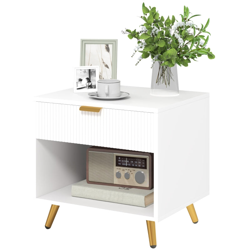 Bedside Table with Drawer and Shelf, Elegant White/Gold Tone