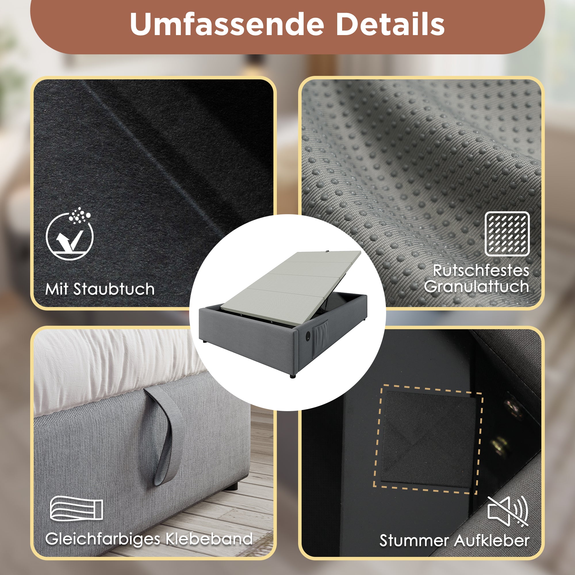 Children's Upholstered Bed, 90x190cm, Hydraulic Storage, USB-C, Linen Grey