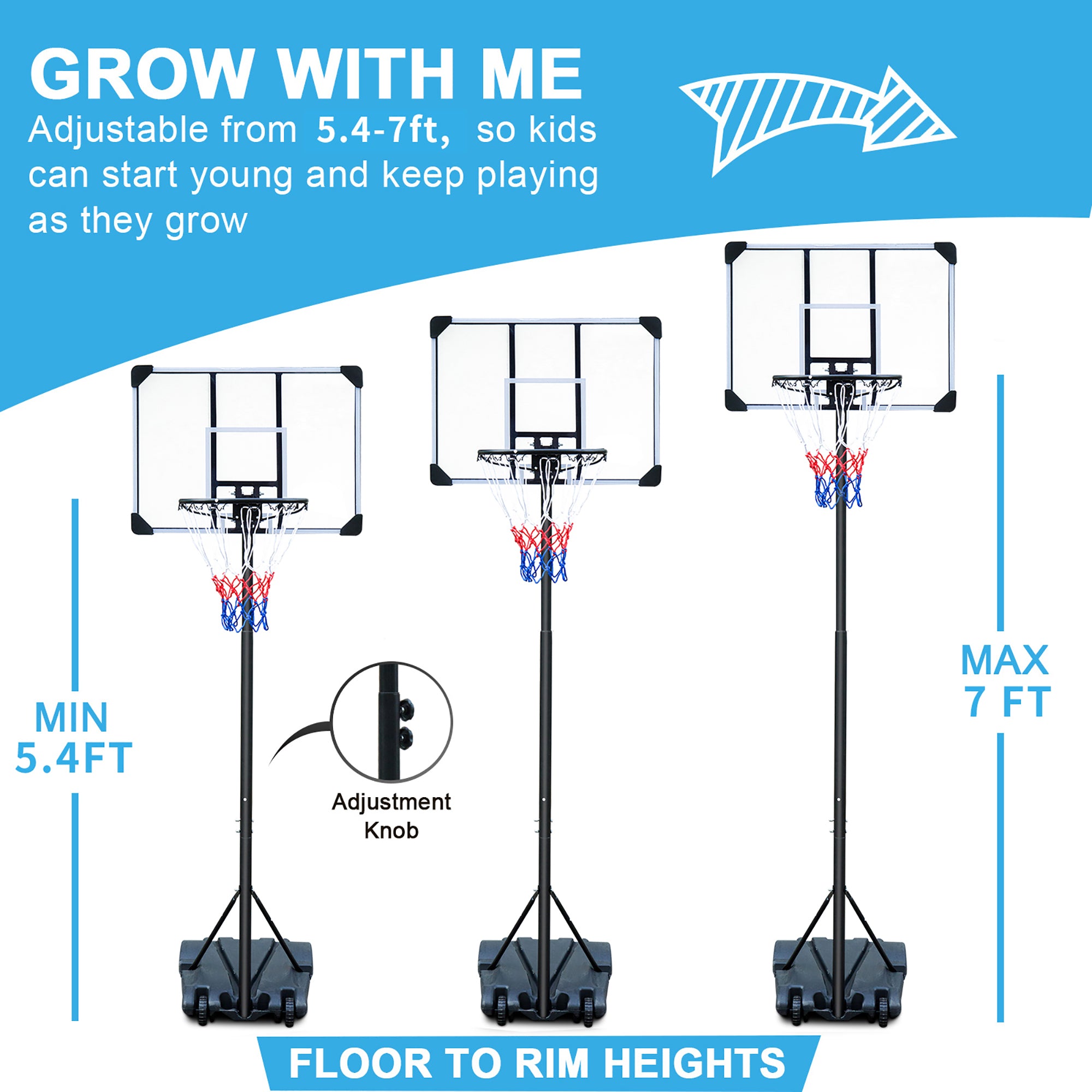 Portable Basketball Hoop, Adjustable Height, Indoor/Outdoor, with Wheels