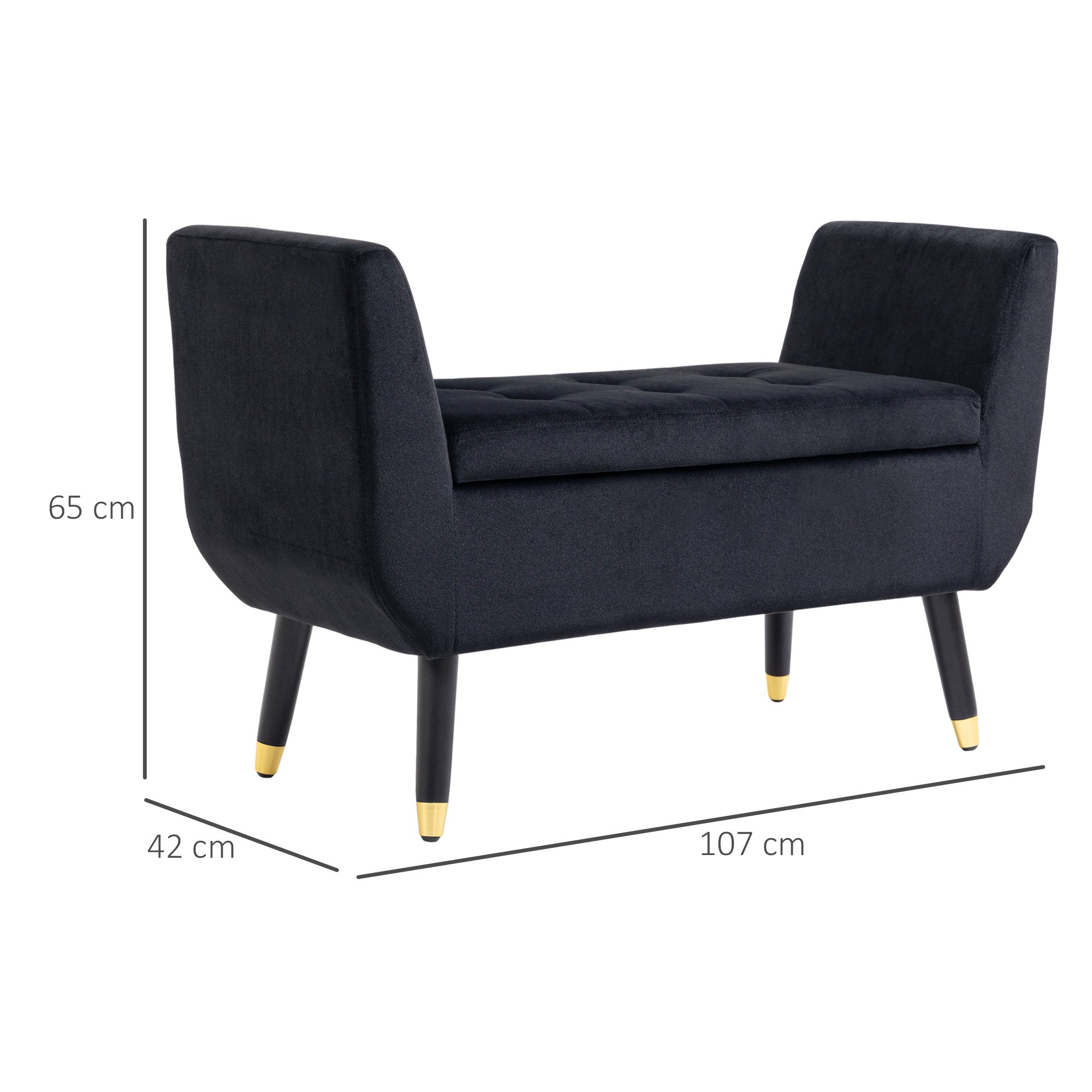 Luxury Upholstered Bench, with Storage & Armrests, Velvet Polyester, Black