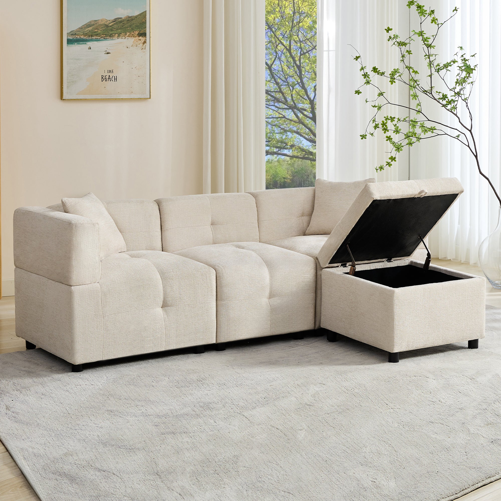Sofa, 3-Seater L-Shaped Corner with Storage & Removable Footstool, 2 Cushions