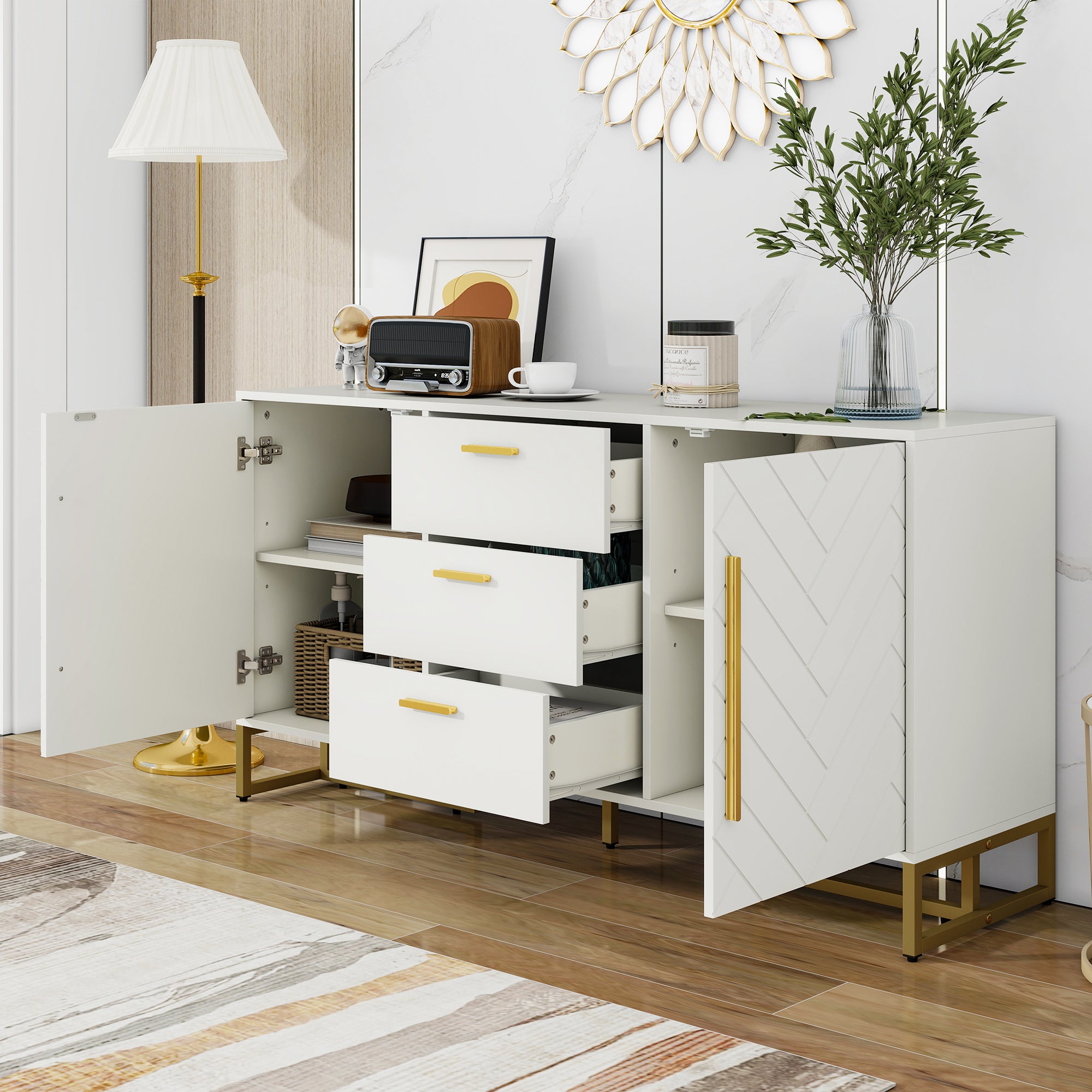 Sideboard Herringbone Pattern 2 Doors 3 Drawers - White