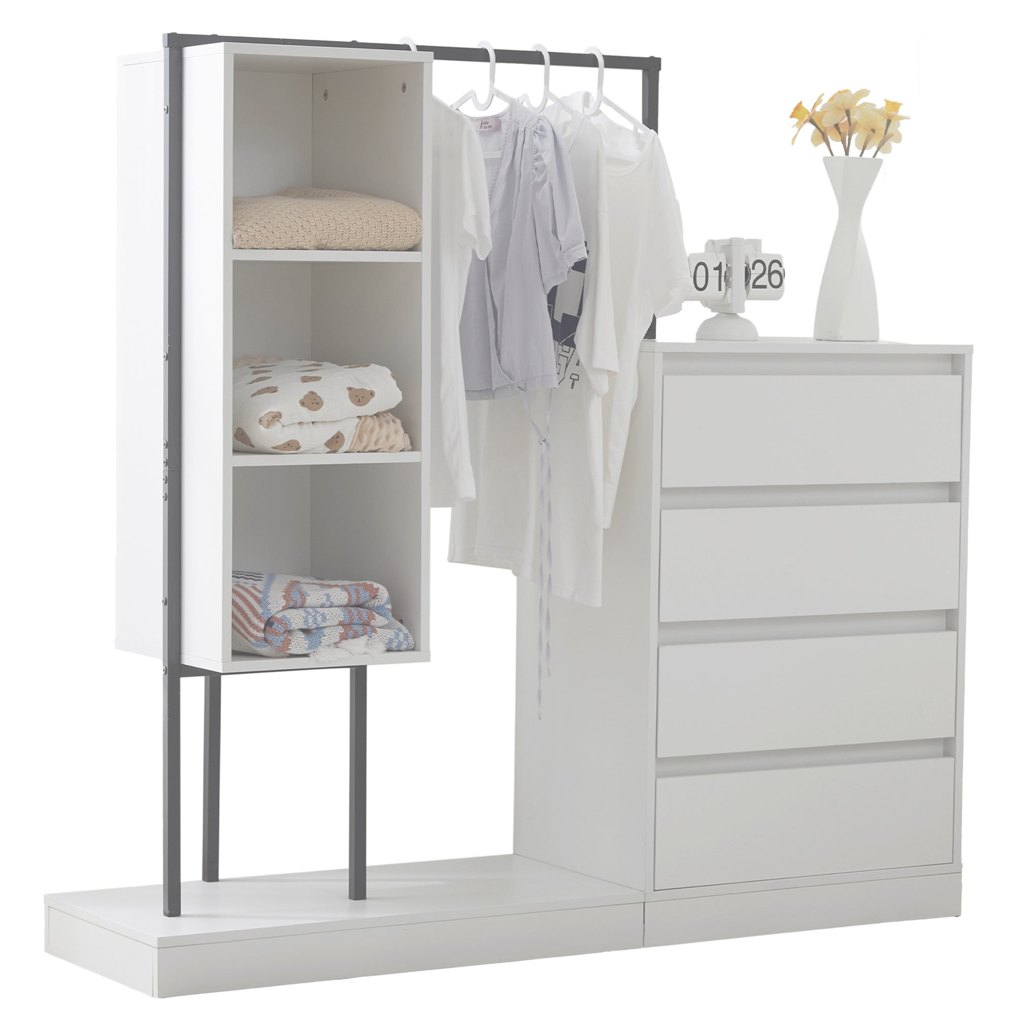 Drawer Cabinet Wardrobe Set Sideboard Clothes Rail W140/W40/H135 White