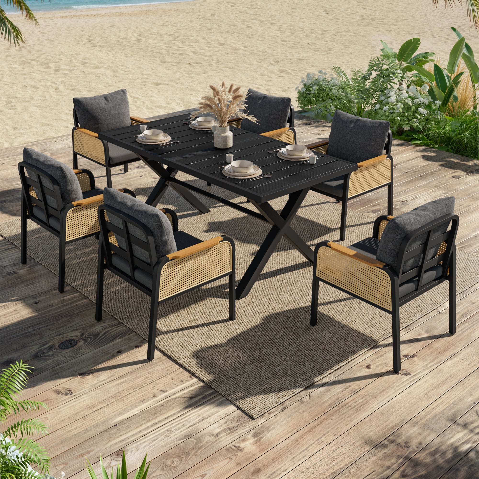 Modern Outdoor Sofa Set with Woven Armrests and Seat Cushions, Iron Frame