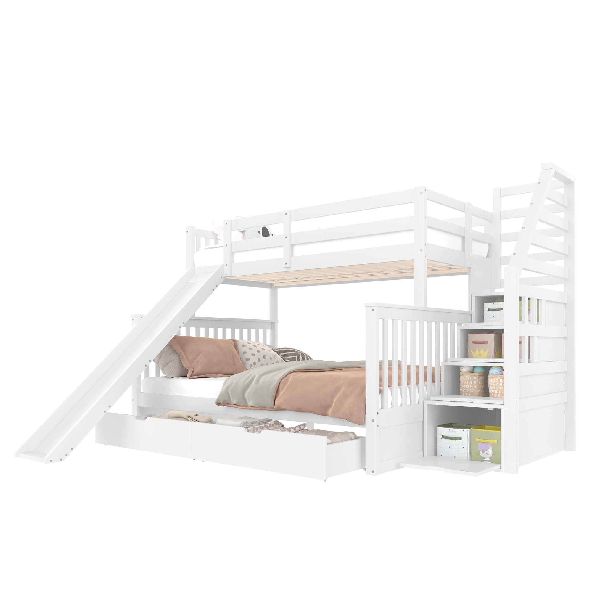 Bunk Bed 90x200 over 140x200 with Drawers, Storage, Slide, Multifunctional, White