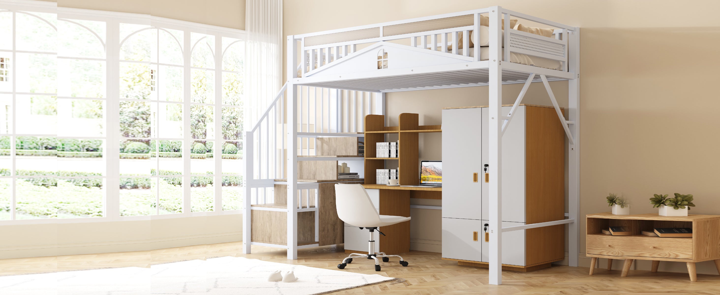 Metal Loft Bed, 90x200cm with Safety Enclosure, Ladder & Locker, White