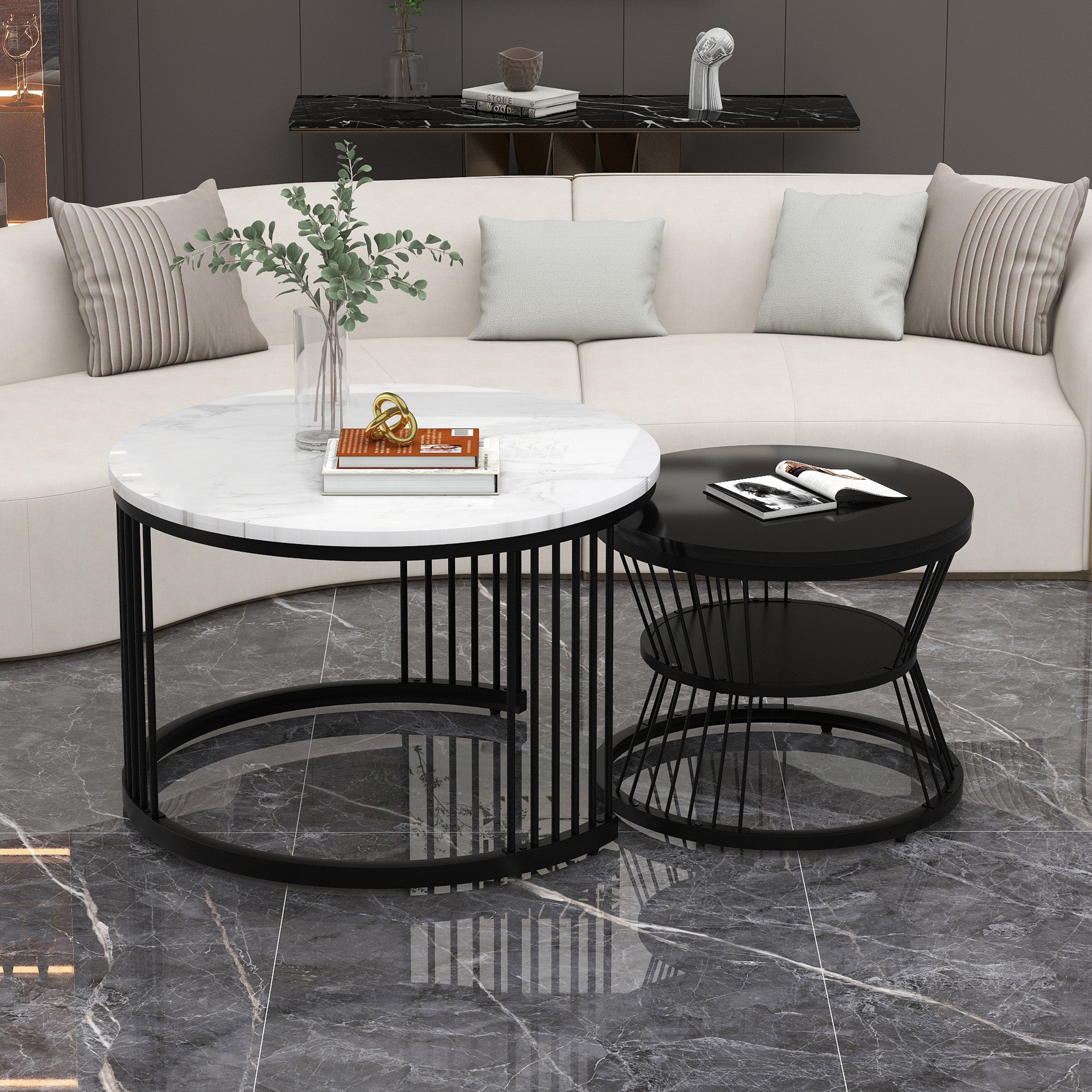 Modern Nesting Coffee Table, High Gloss Marbled, Set of 2, Black Frame