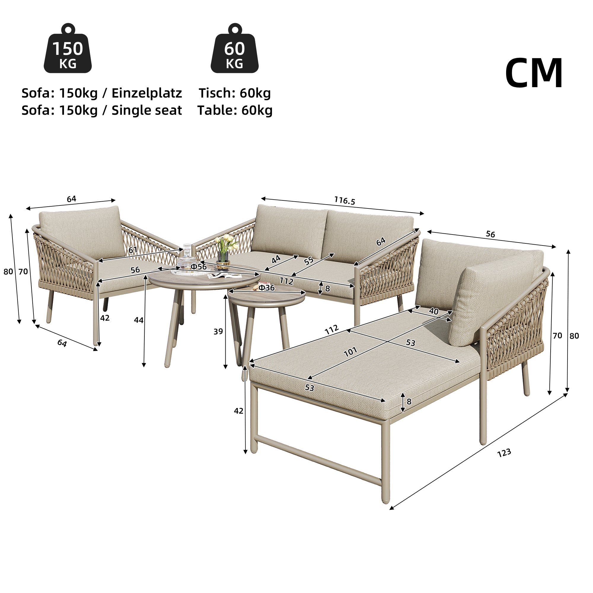 Garden Lounge Set Rope Outdoor Sofa with Cushions - Khaki