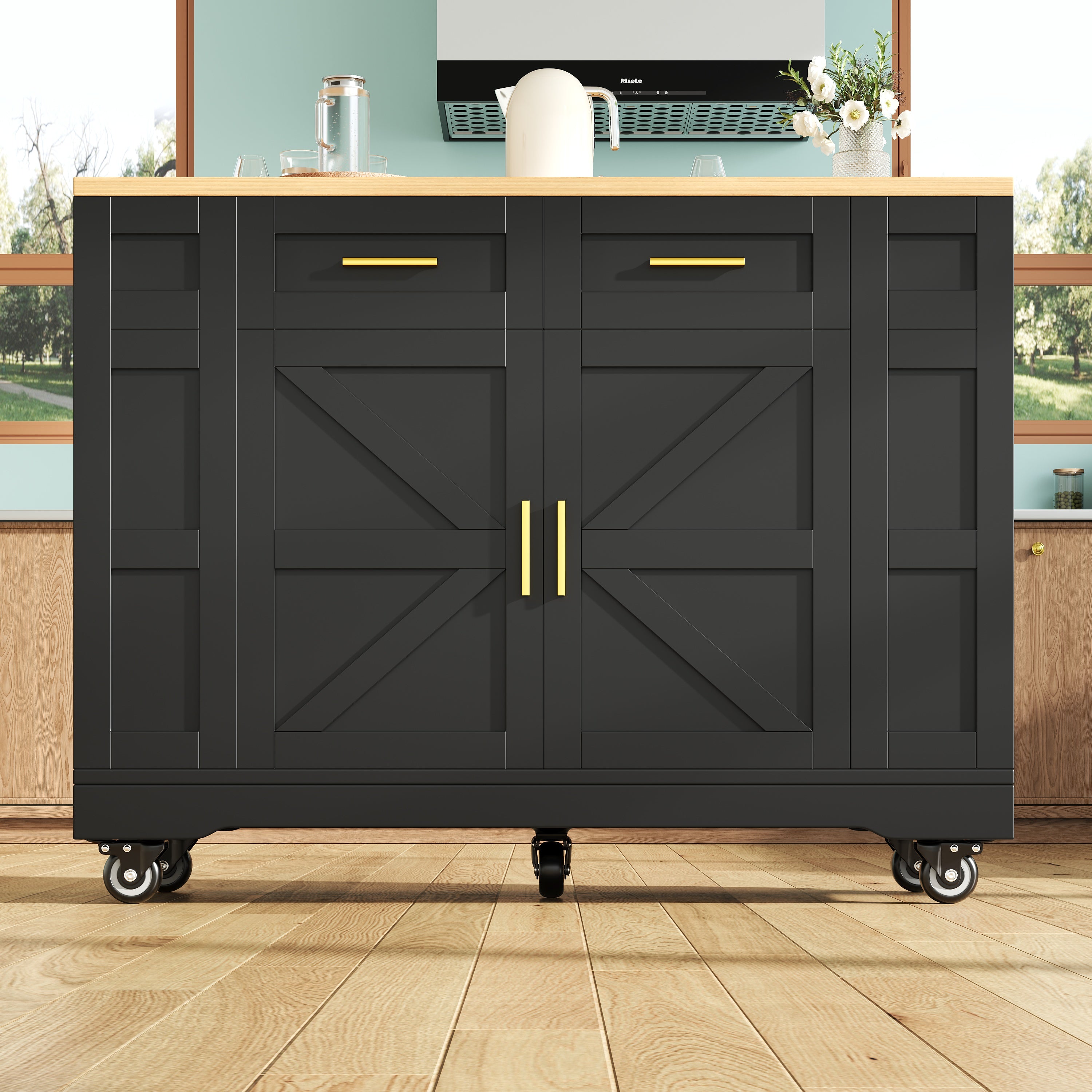 Modern Kitchen Island with Storage and Extendable Tabletop, Black Wood Grain Finish