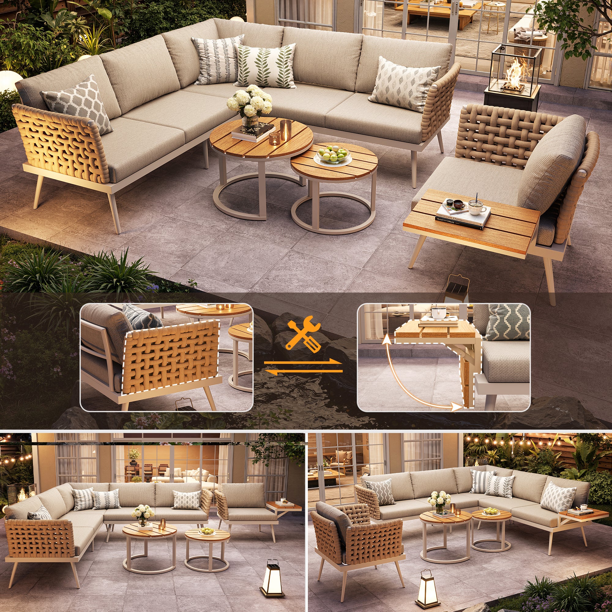 Six-Seater L-Shaped Garden Sofa Set with Hand-Woven Armrests and Coffee Tables, Grey and Beige