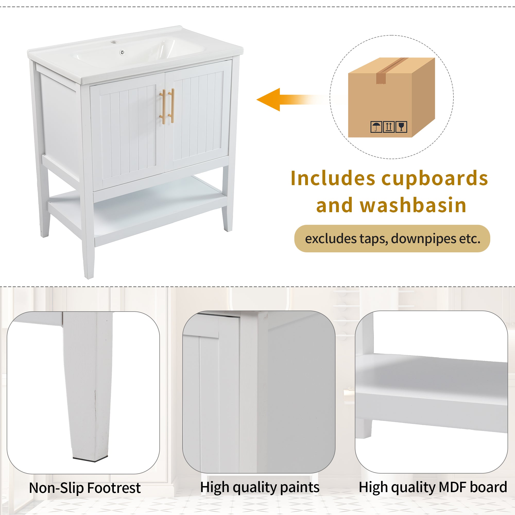 Single Vanity Unit 80cm Ceramic Washbasin - White