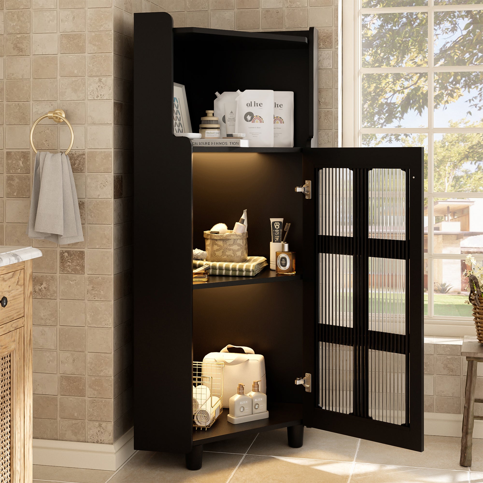 Corner Cabinet Modern LED App Control Storage - Black Lacquer