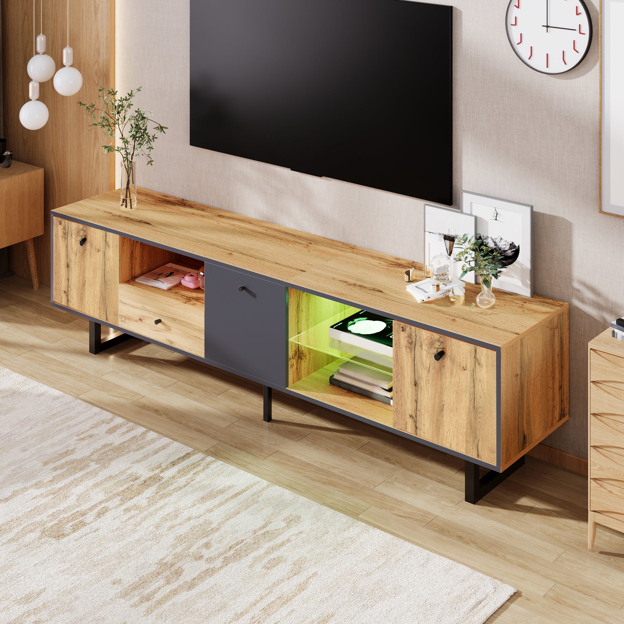 Lowboard TV Cabinet, LED Light & Glass Partition, Color-Matching Design