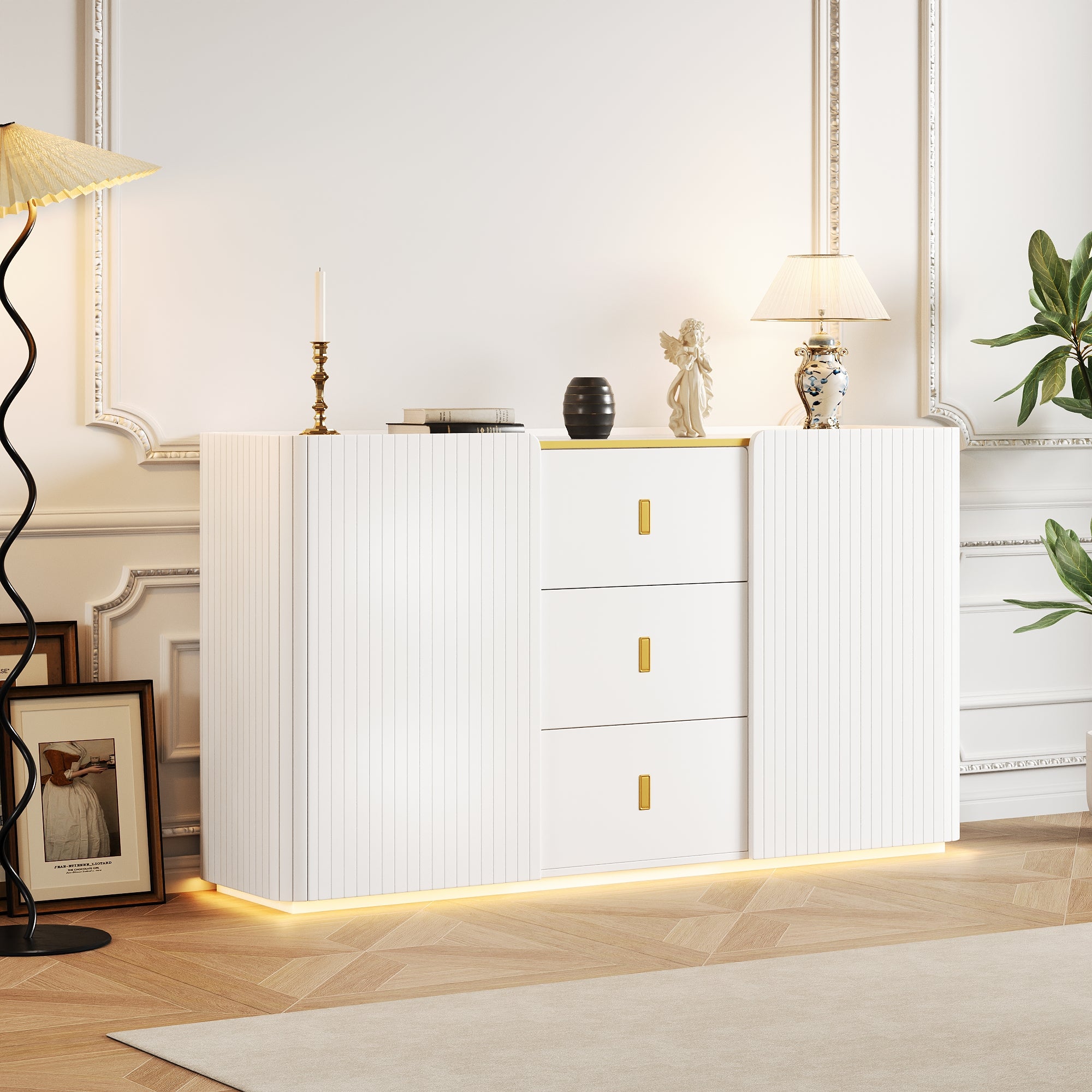LED Sideboard, 150cm Multifunctional with 2 Doors & 2 Drawers