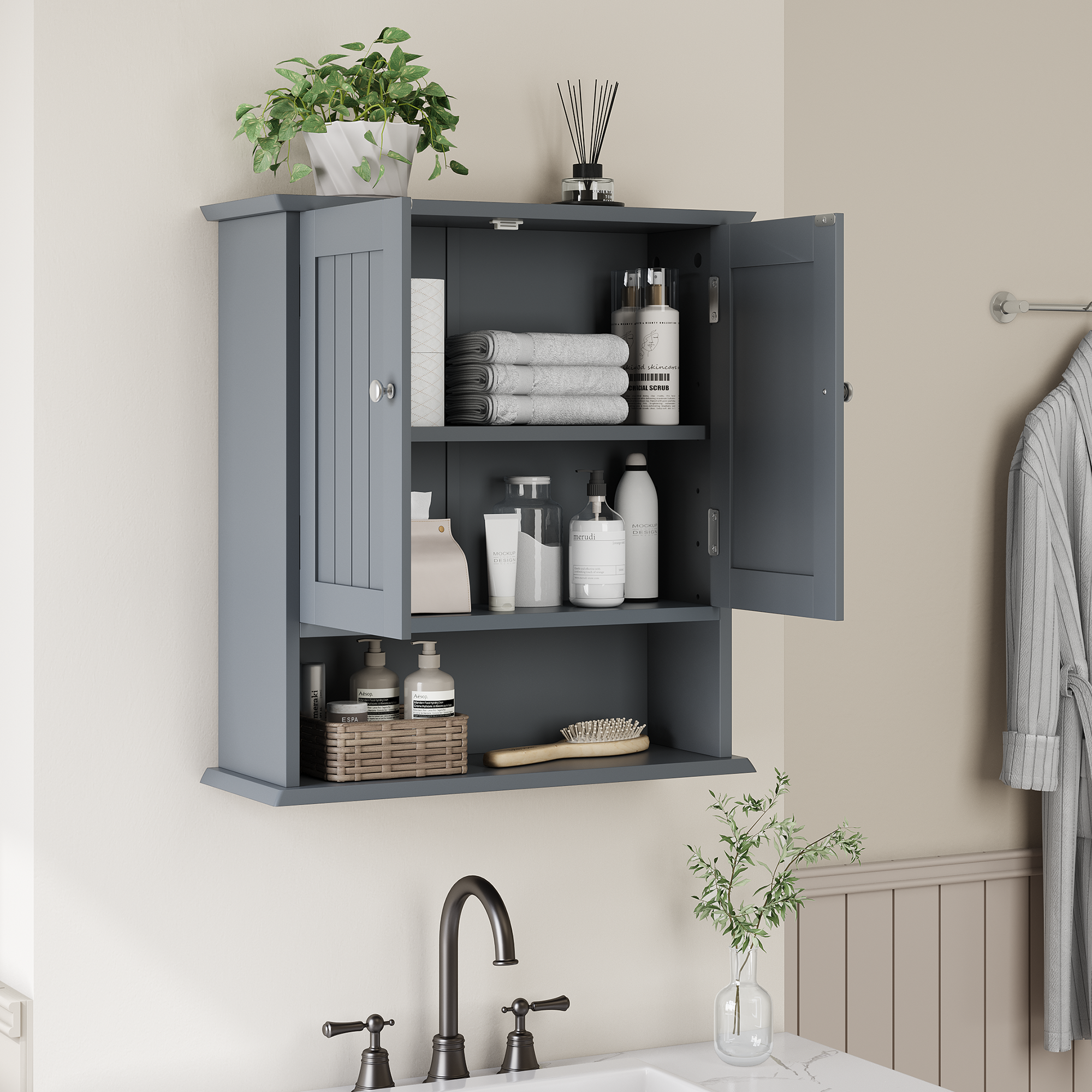 Bathroom Wall Cabinet with 2 Doors and Open Shelves