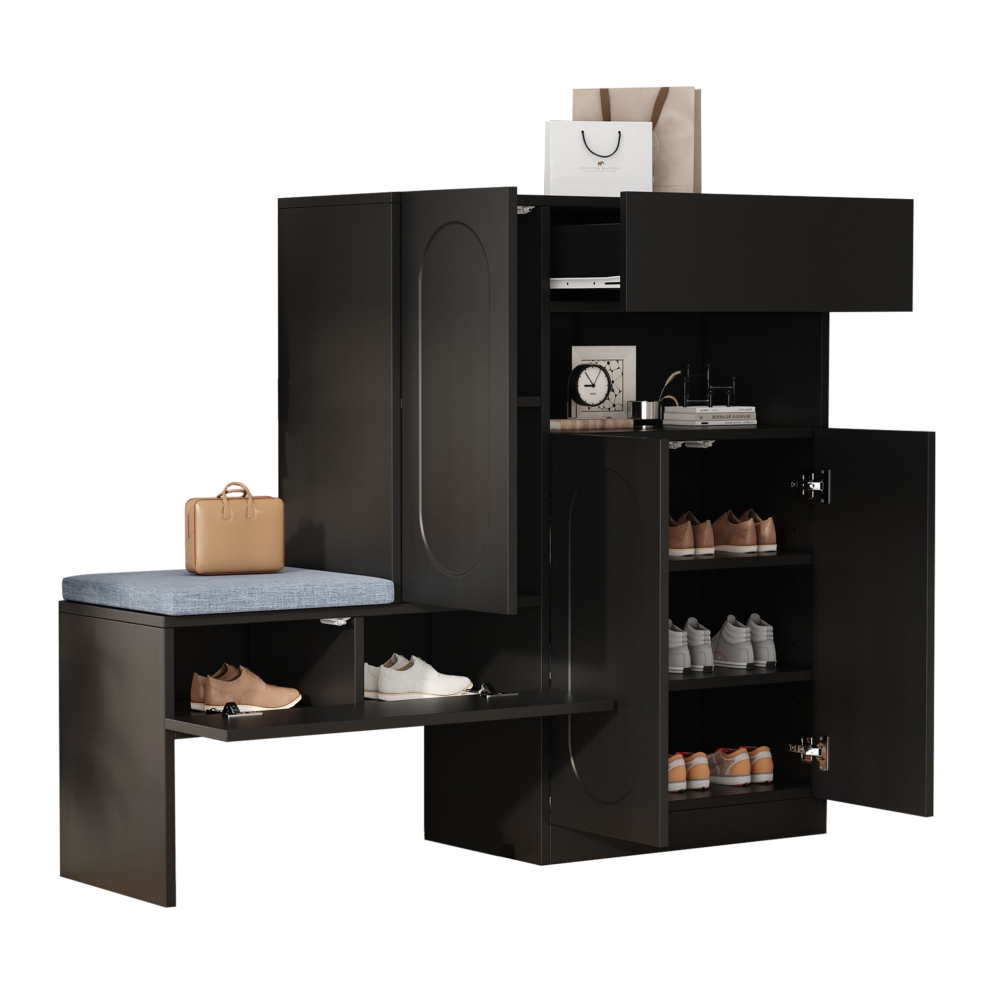 Trendy 2-in-1 Shoe Cabinet with Curved Doors, Soft-Close, Adjustable, Upholstered Bench, Black