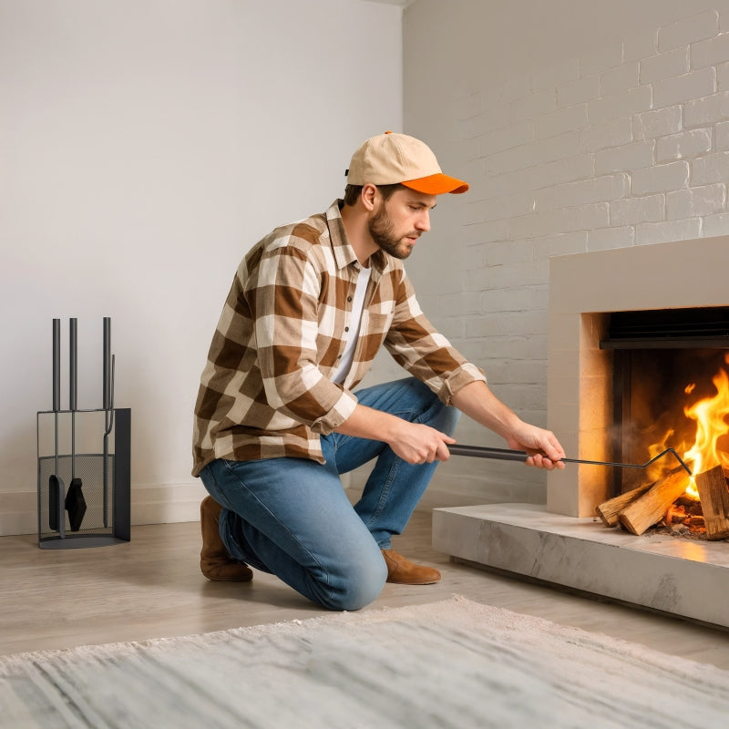 Fireplace Tool Set 5-Piece with Stand - Black Metal