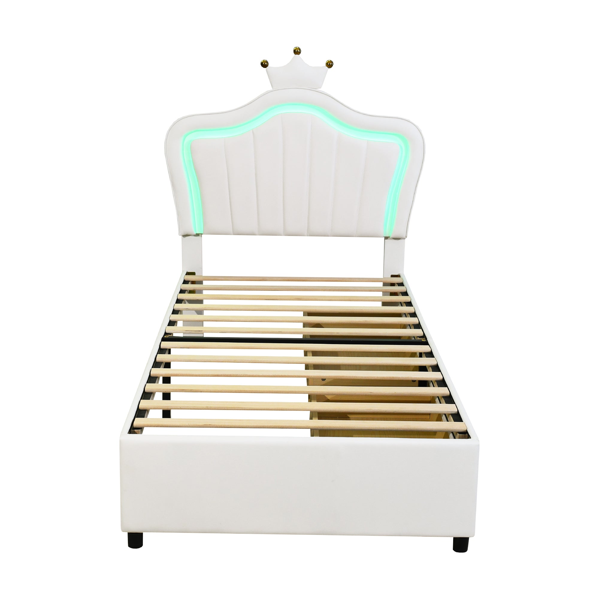 Children's Bed Upholstered Single Crown Girl's with Storage Drawers & LED Lights, White PU Leather
