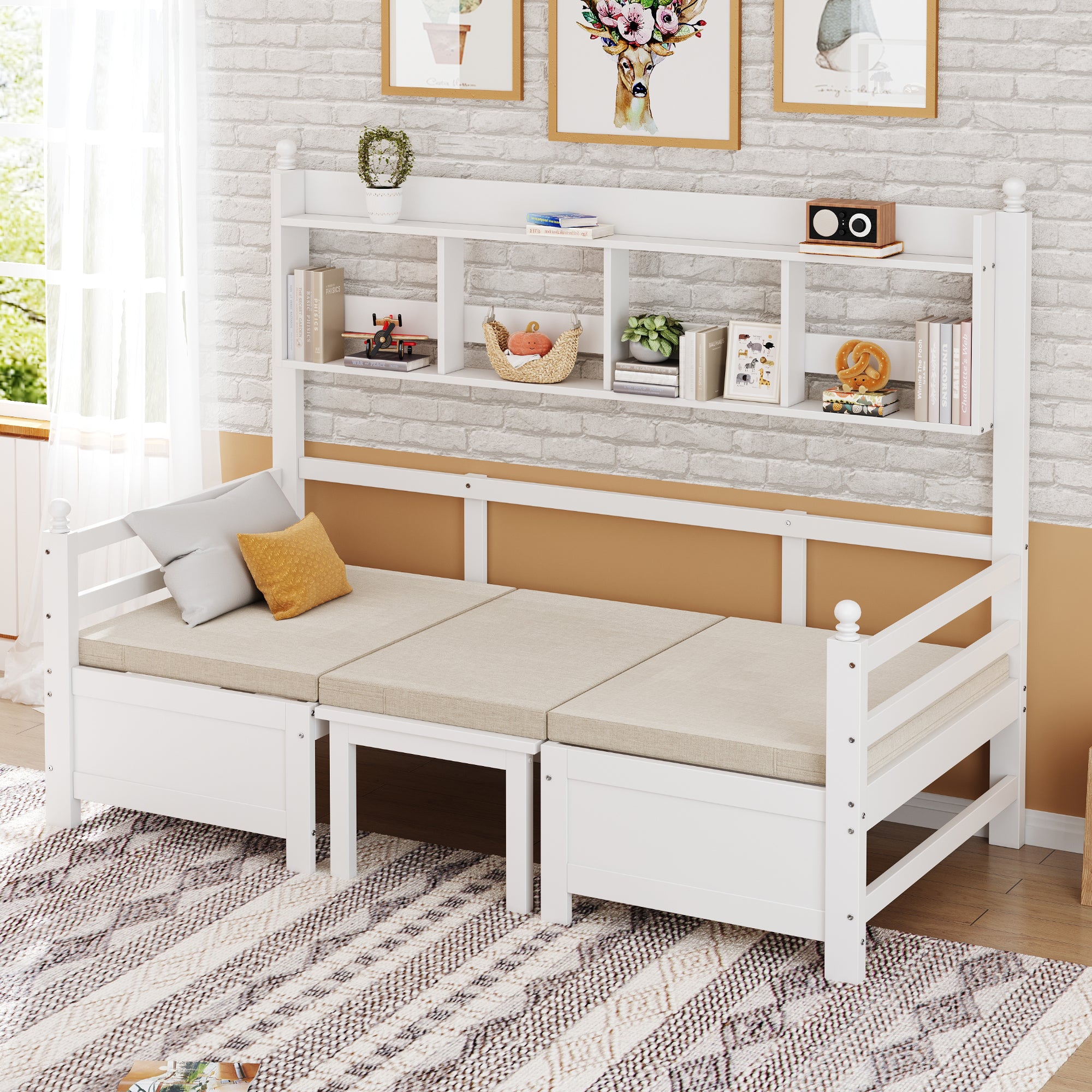 Sofa Bed, Multifunctional 2-in-1 Bed & Desk with Bookshelf & Pillows, Solid Wood White