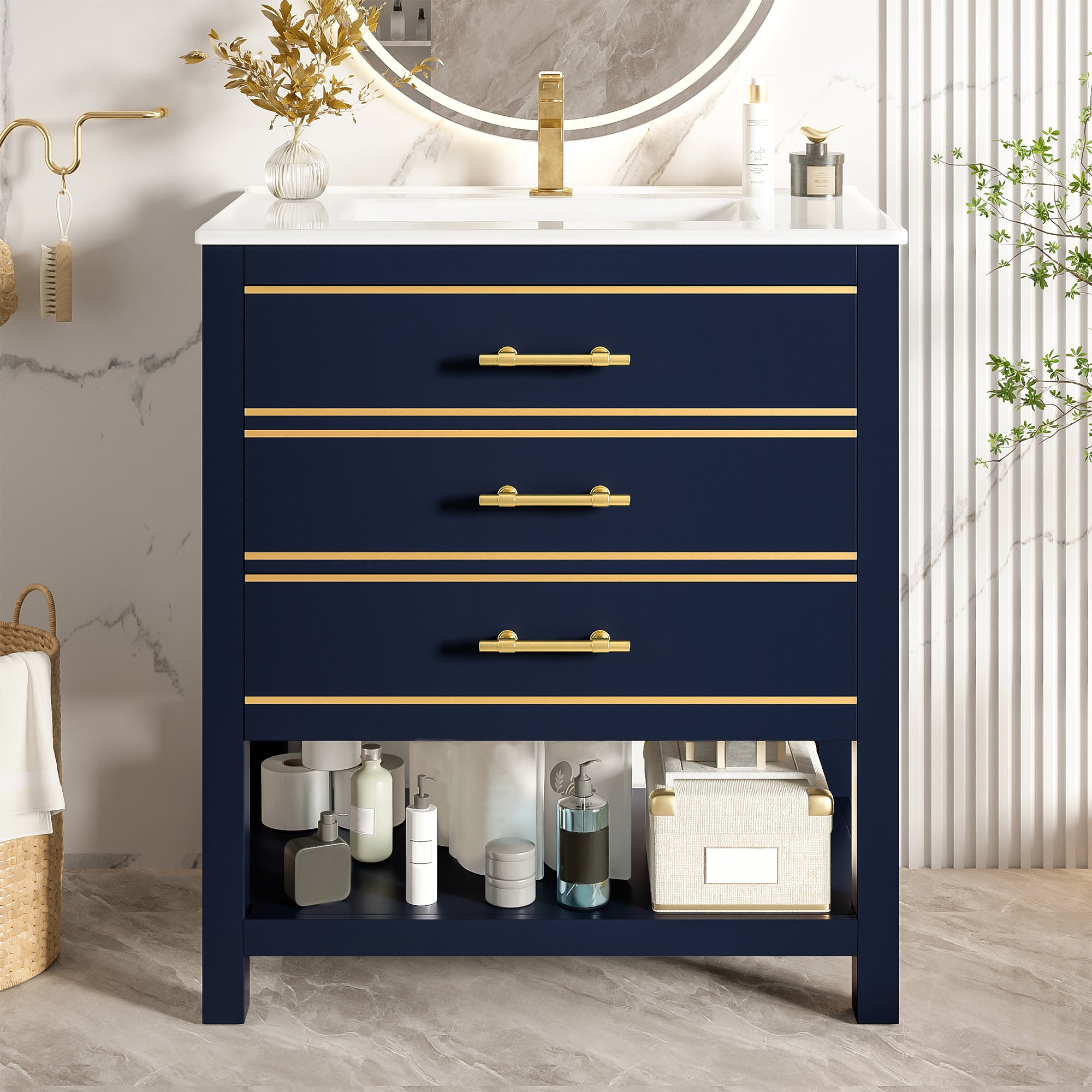Bathroom Vanity Unit with Ceramic Sink and 2 Drawers, White and Gold