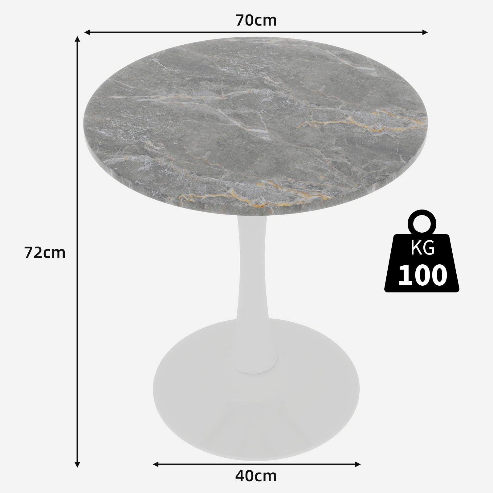 Coffee Table 27.6-inch Round Marble Top Mid-Century Modern - White/Gray Veined Finish