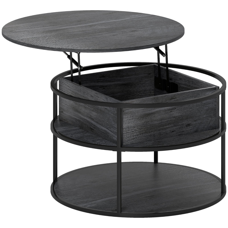 Lift Top Round Coffee Table with Hidden Storage and Steel Frame, Charcoal Grey