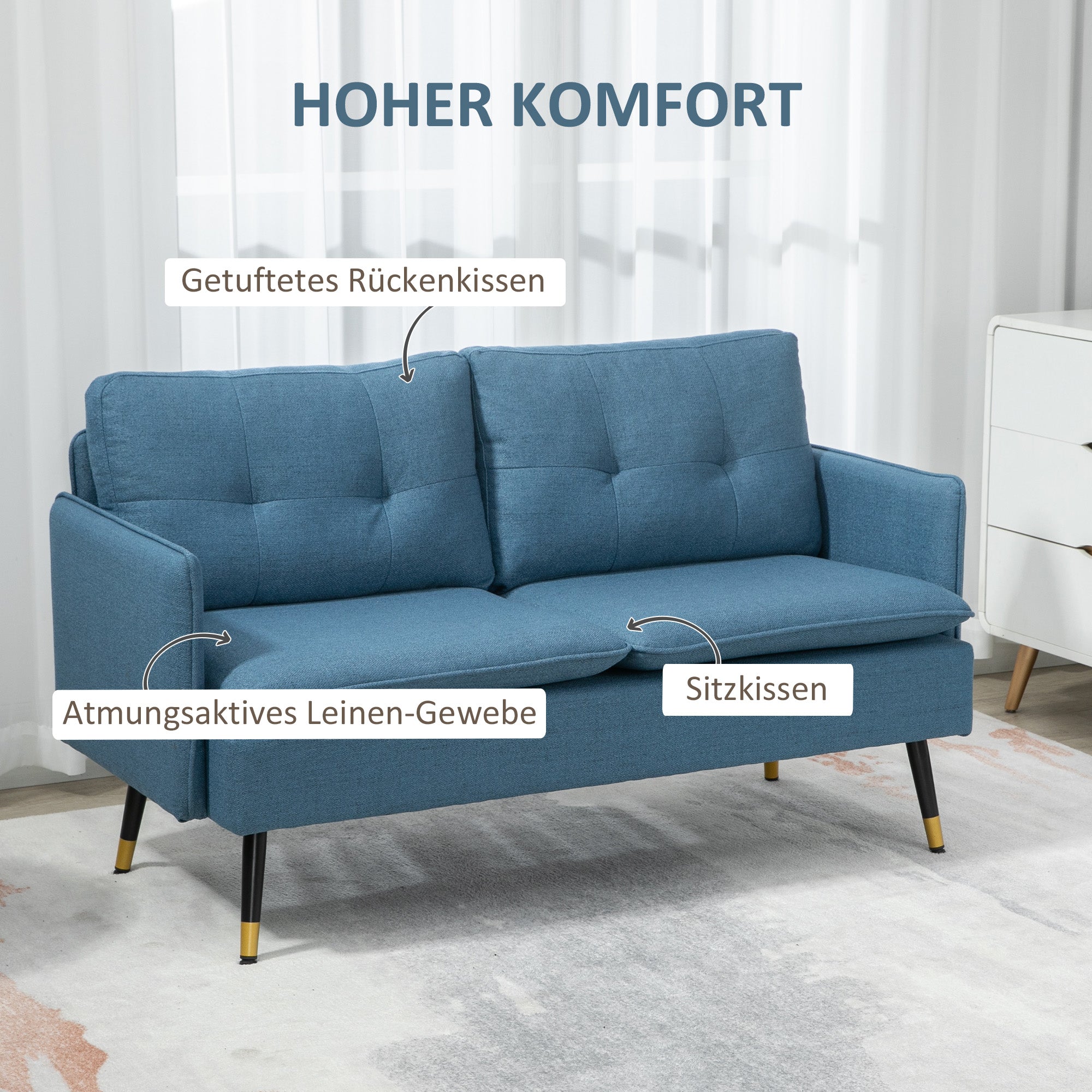 2-seater Sofa, Thick Cushion Upholstered with Steel Legs, Dark Blue