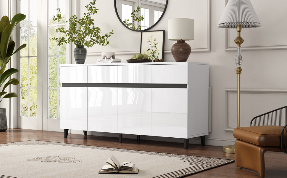 Storage Cabinet Buffet, 4 Doors 4 Drawers Adjustable Shelves, White