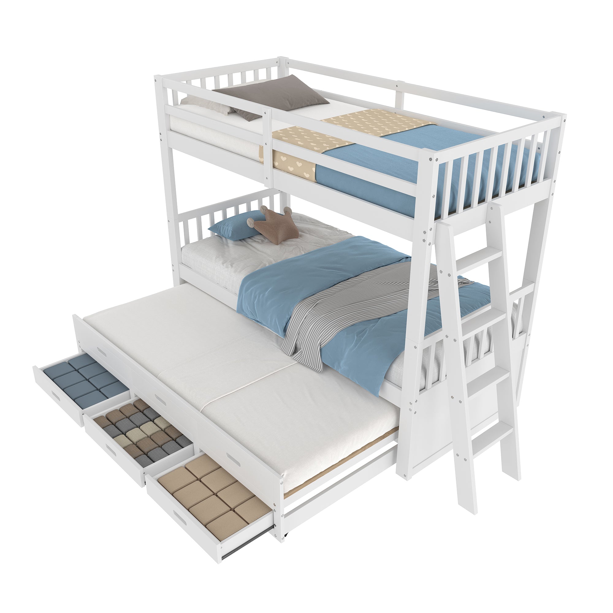 Bunk Bed 90x200cm House Bed with Ladder, Pull-Out Bed & 3 Drawers, White Pine Wood & MDF