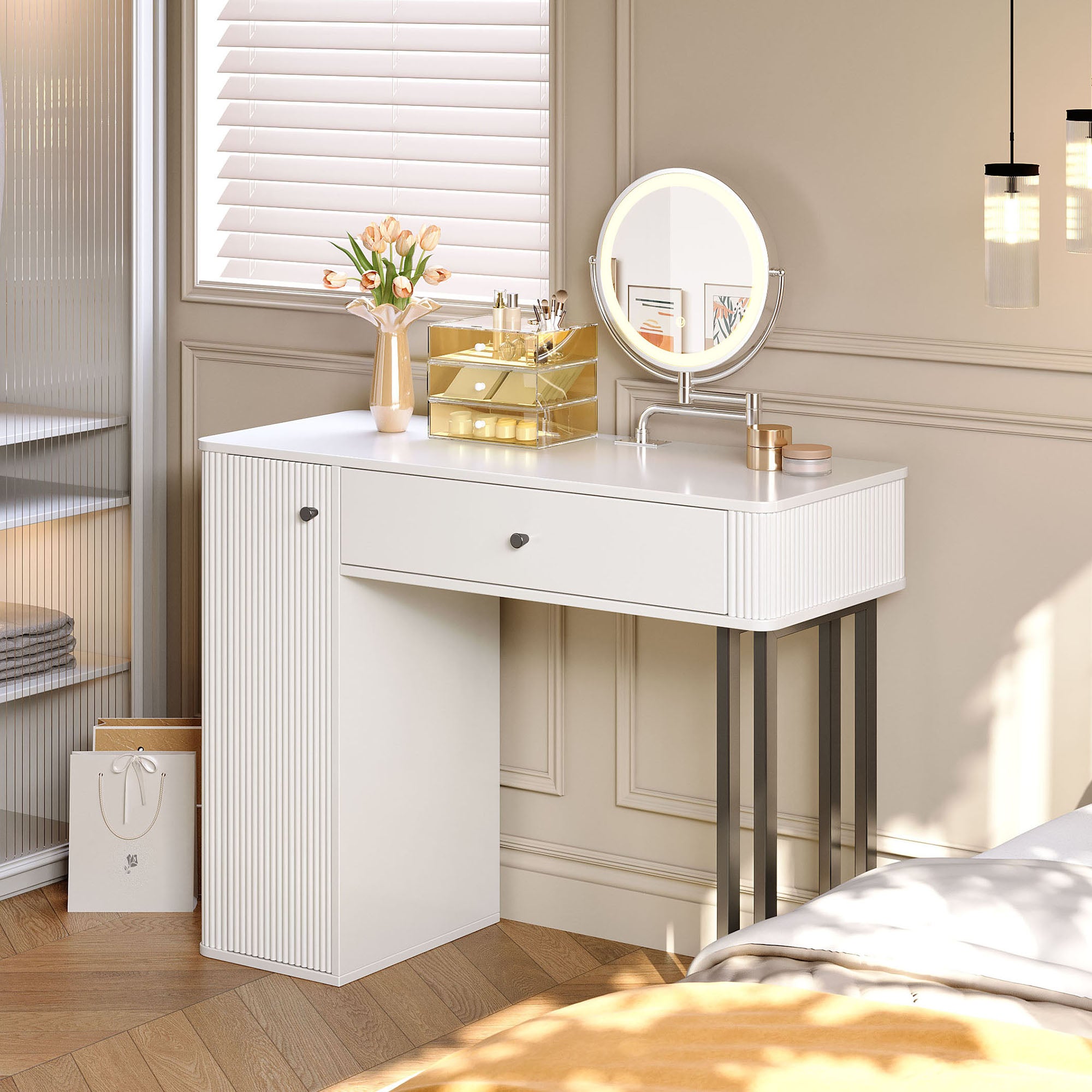 Dressing Table with LED Mirror, 1 Drawer, 1 Door, 3-Color Lighting, White
