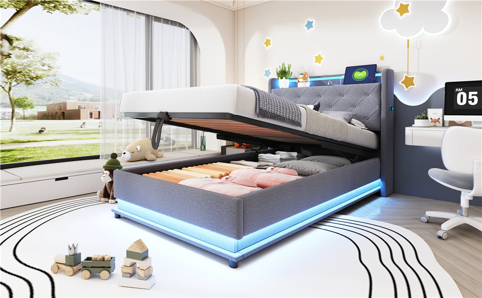 Children's Bed, Upholstered with Lights, USB, Storage, Gray Linen
