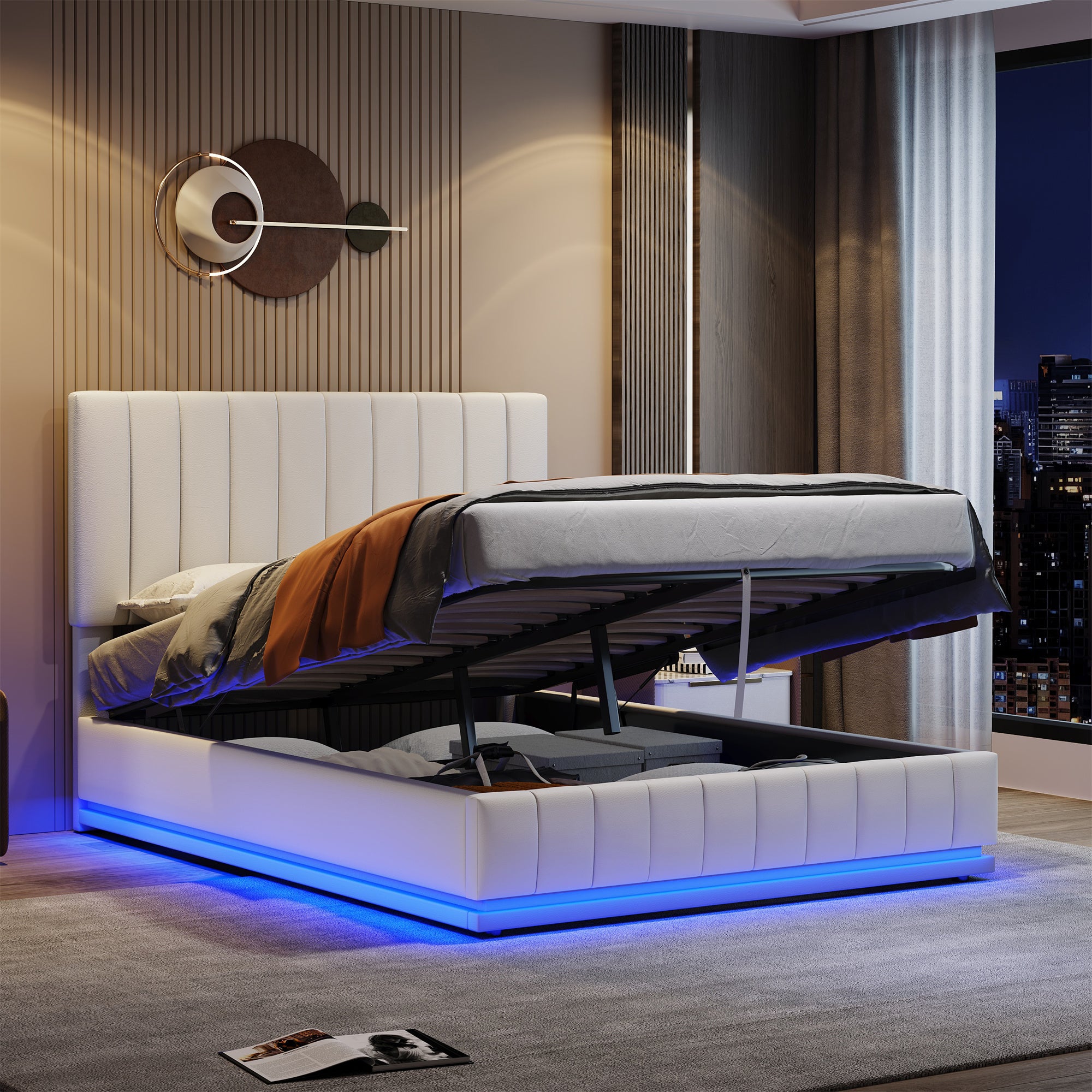 Ottoman King Bed with LED, Hydraulic Storage, PU Leather Cream White