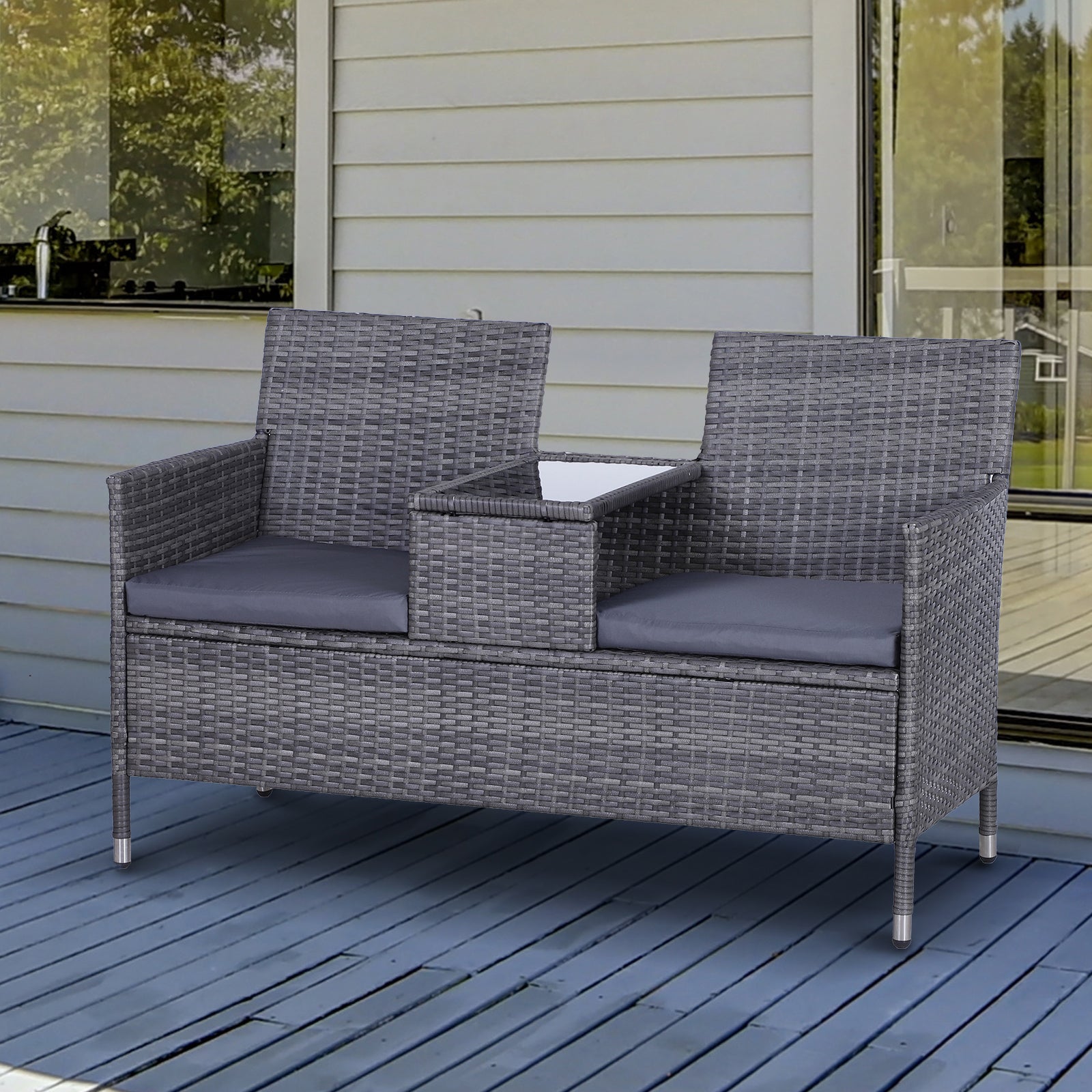 2-Seater Garden Bench, PE Rattan Outdoor with Centre Table, Grey