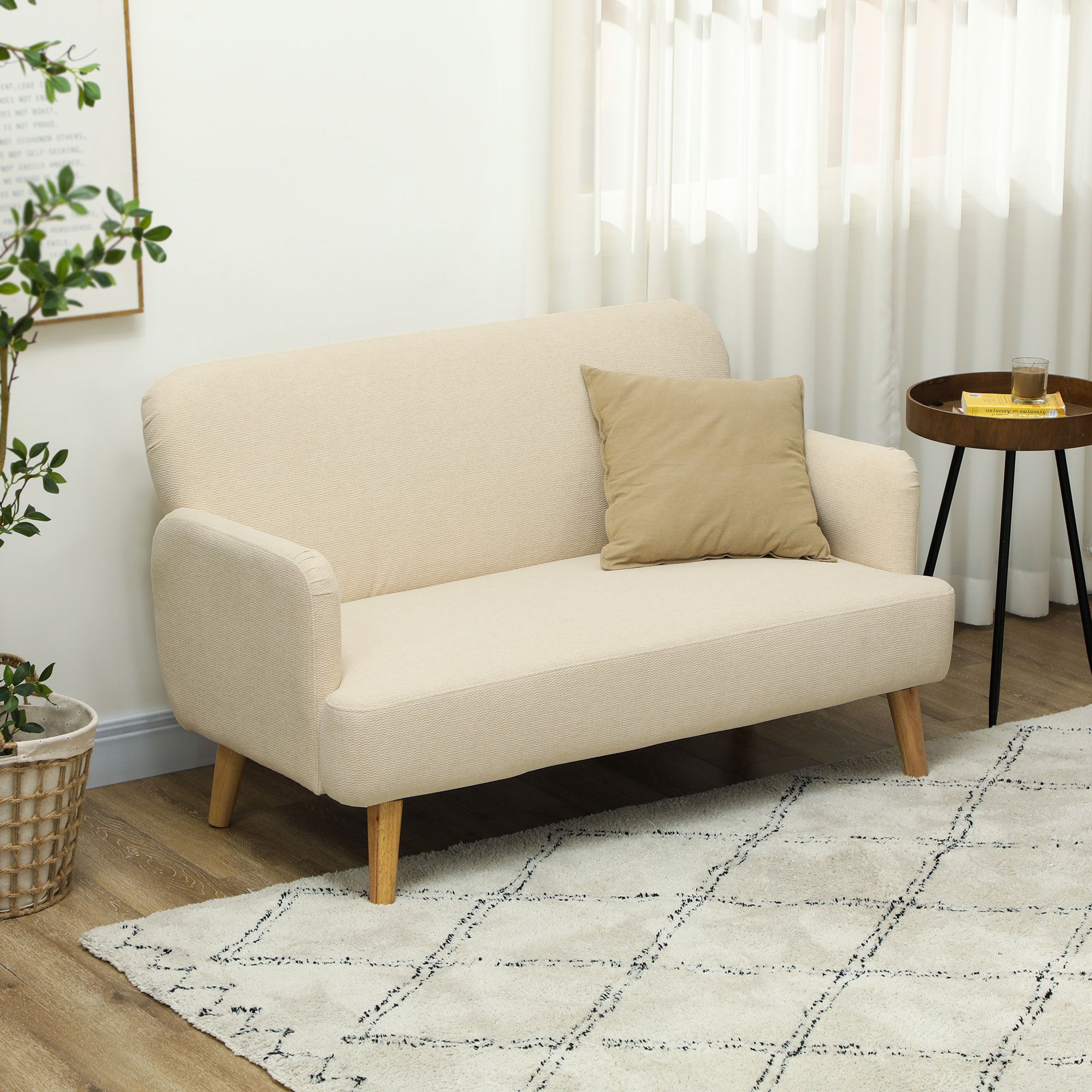 2-Seater Sofa, Upholstered Velvet Look with Wooden Legs, Cream White