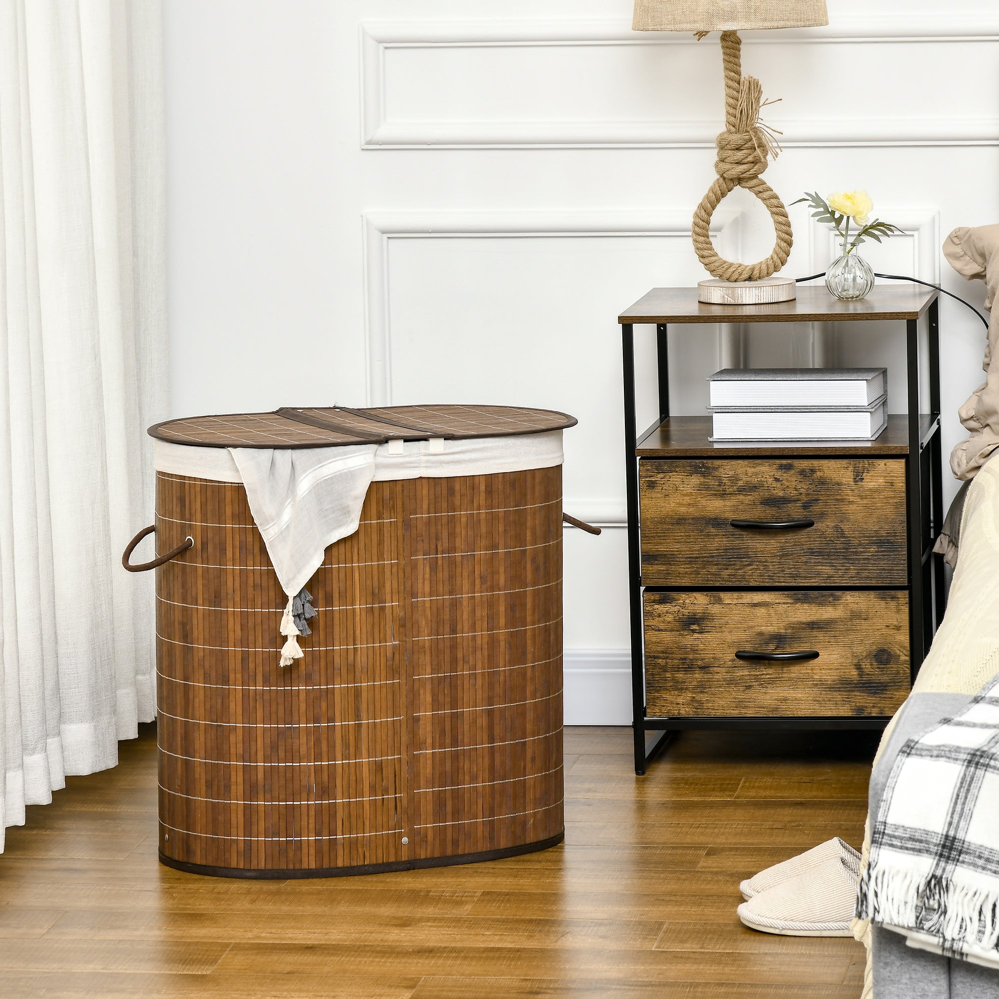 Laundry Basket, 100L with Lid, 2 Bags, Bamboo