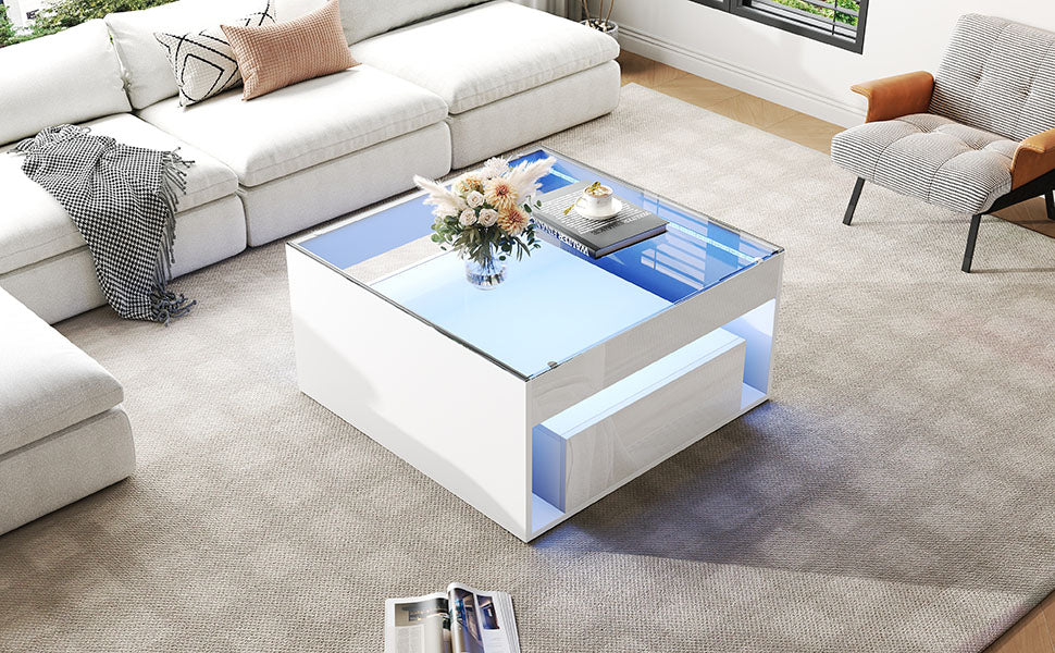 Coffee Table 70x70x35cm High-Gloss LED 2 Drawers Tempered Glass White